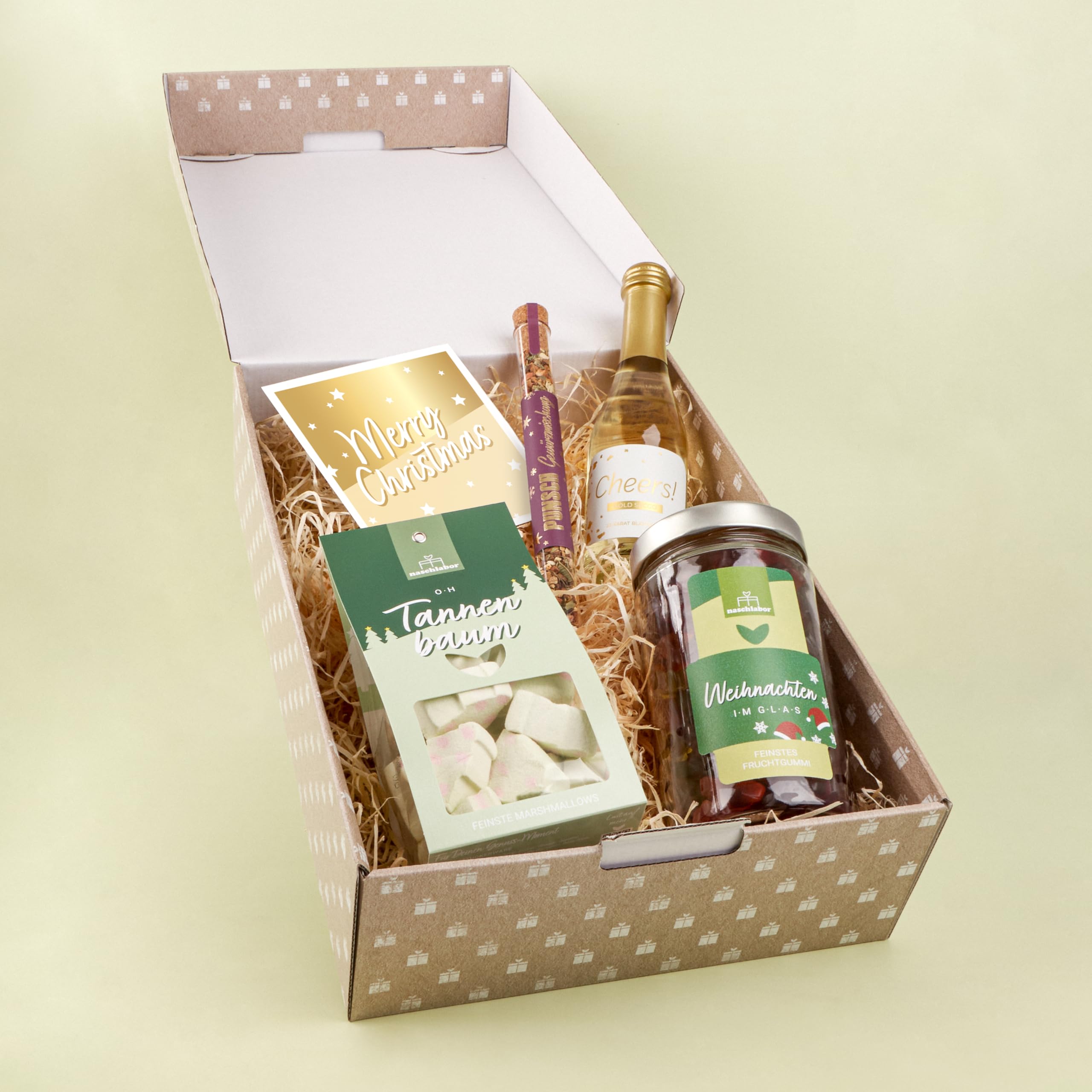 Merry Christmas Geschenkbox | Weihnachtsgeschenke für Freunde, Familie oder Kollegen | Süßigkeiten Mix zu Weihnachten | Gold Secco 22 Karat | Punsch Gewürzmischung