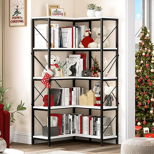 YITAHOME Corner Bookshelf, 5-Tier L-Shaped Bookcase Storage Organizer, Tall Open Display Freestanding Storage Rack Modern Book Shelf for Living Room, Bedroom, Home Office, White