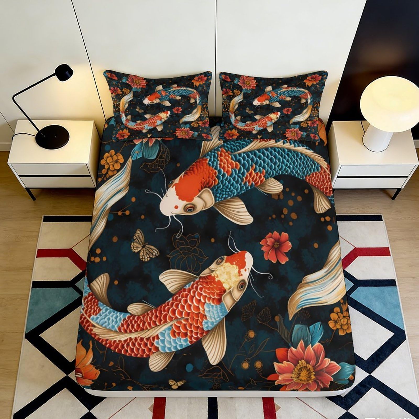 3D Printed Japanese Koi Fitted Sheet Microfiber Soft Breathable Lotus Pond Mattress Cover for Bedroom Dorm Decor 90x200x25cm