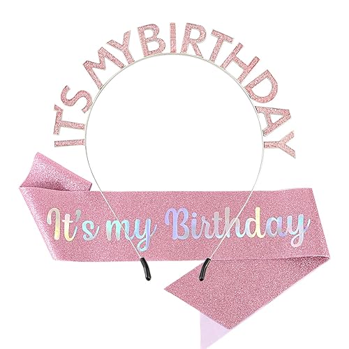 Araluky Birthday Crowns for Women IT'S MY BIRTHDAY Headband & ITS MY BIRTHDAY Sash for Women Birthday Headband for Women Parties Favors Gift-Pink