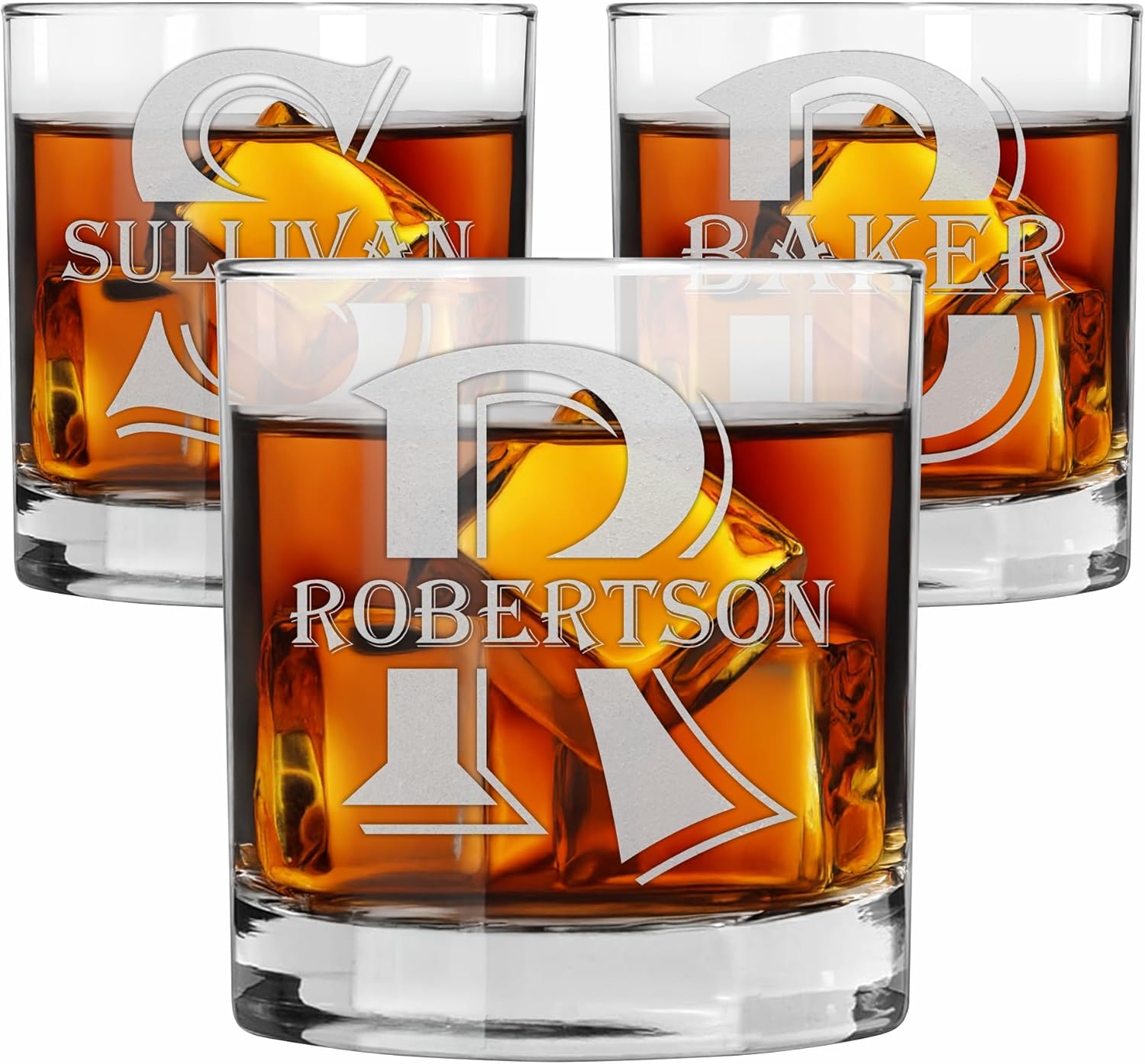 Custom Engraved Whiskey Glass - 11oz Personalized Old Fashioned Tumbler with Monogram & Last Name | Groomsmen, Wedding, Father's Day Gift for Men