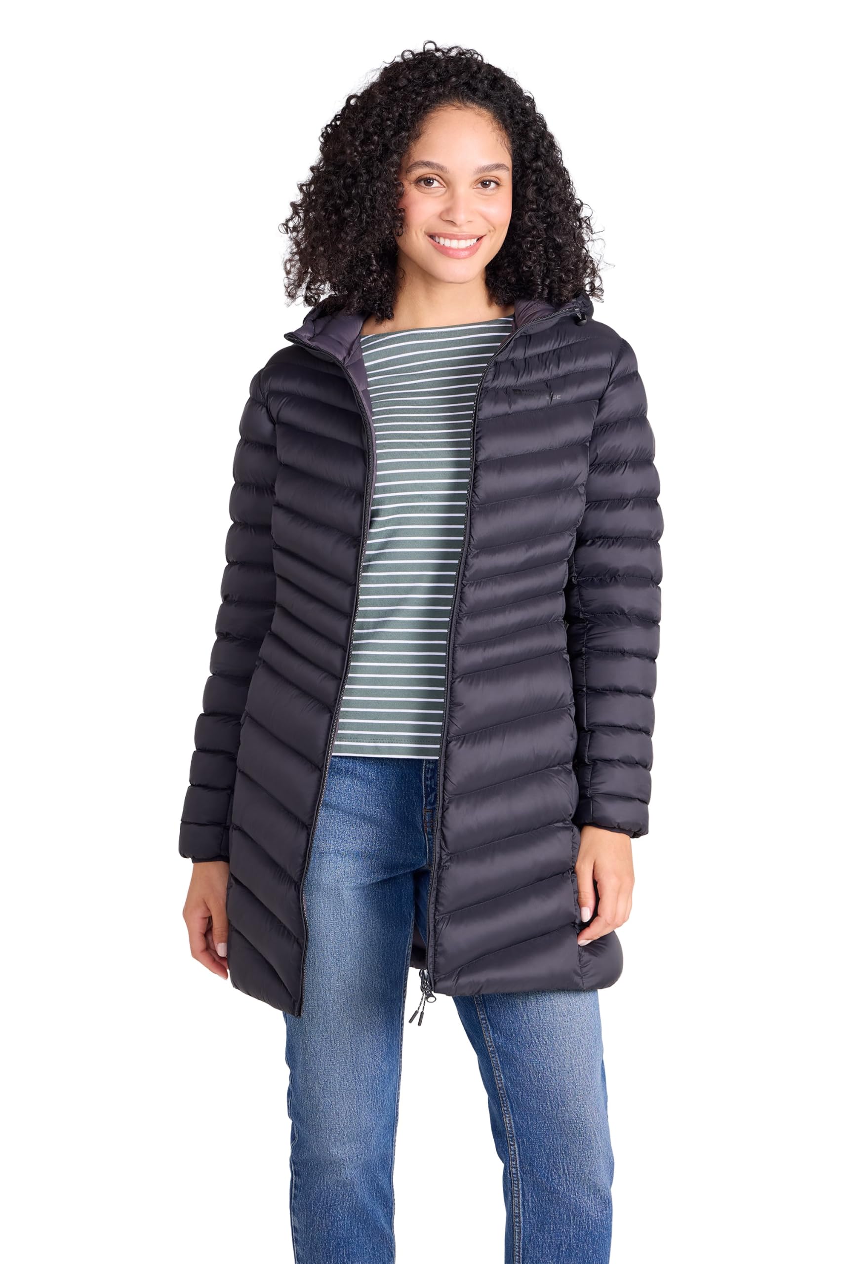 Mountain Warehouse Women's Jet Black 'Florence' Padded Lightweight Water Resistant Longline Hooded Jacket In | Size: 8