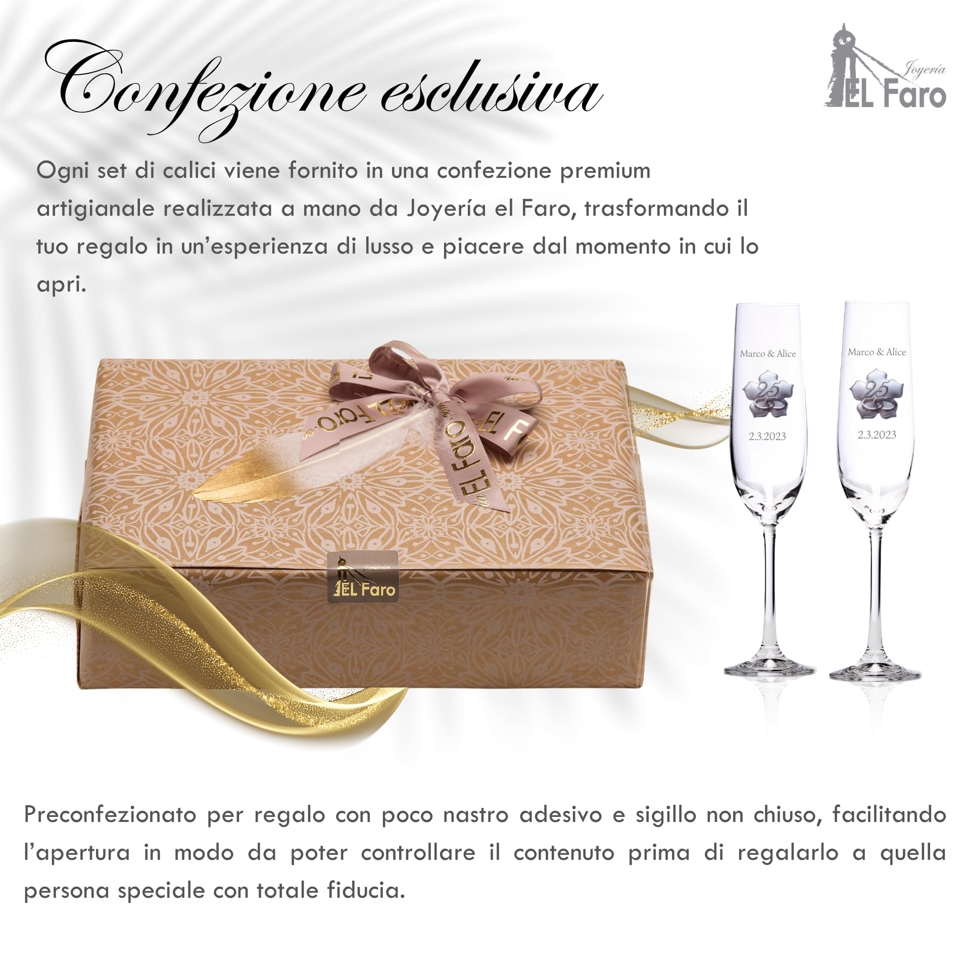 JOYERIA EL FARO Bicchieri da champagne personalizzati per matrimonio in argento – Set di 2 bicchieri con dettaglio argento – astuccio premium per gioielli – regalo 25° anniversario di sposato