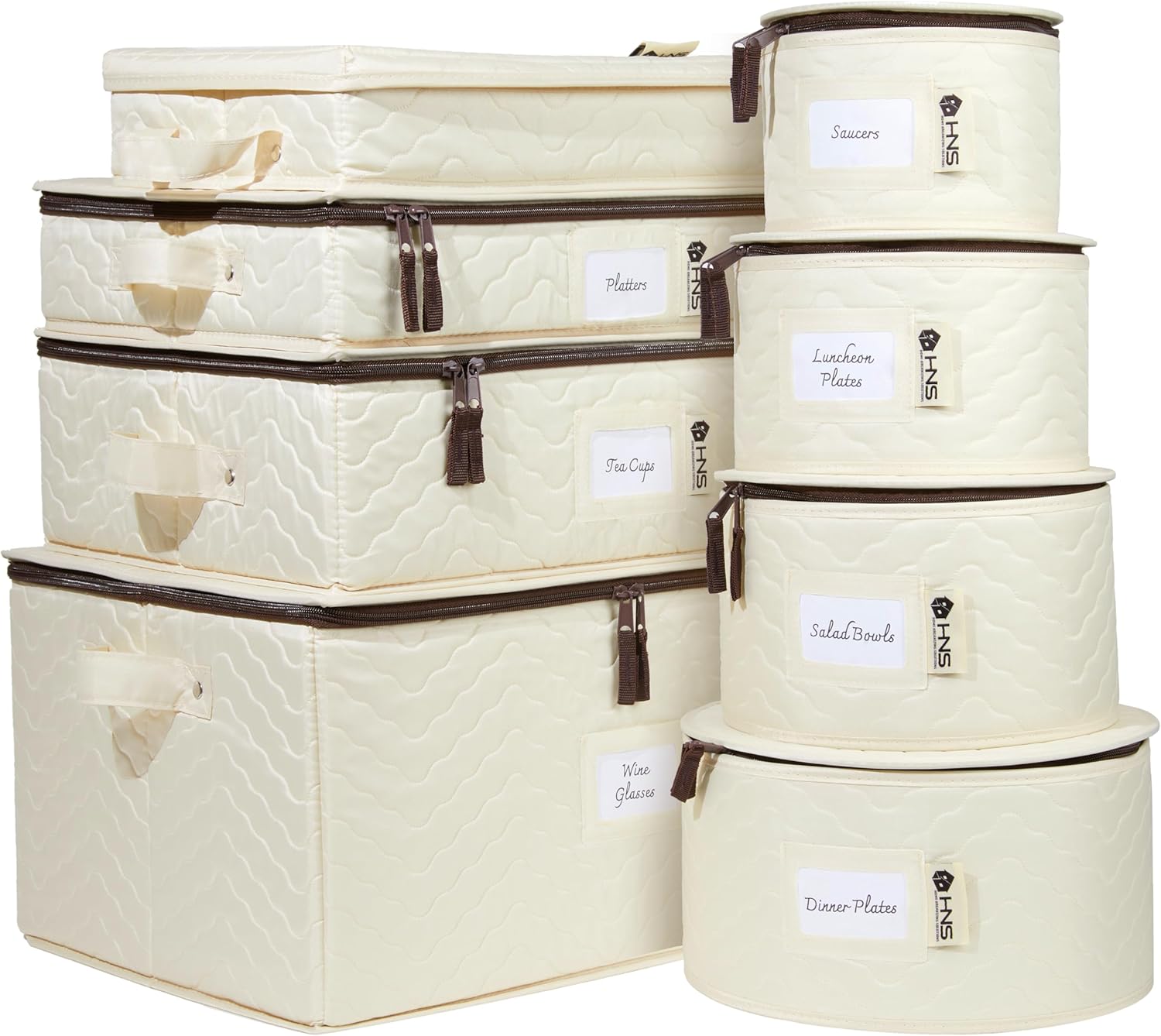 Hard Shell China Storage Containers 8-Piece Set Moving Boxes for Dinnerware, Glasses, Plates, Mugs and Saucers Sturdy Dish Organizer with Dividers for Seasonal Storage - Service for 12 - Beige Quilted 8 Pack China Storage Containers Beige Quilted