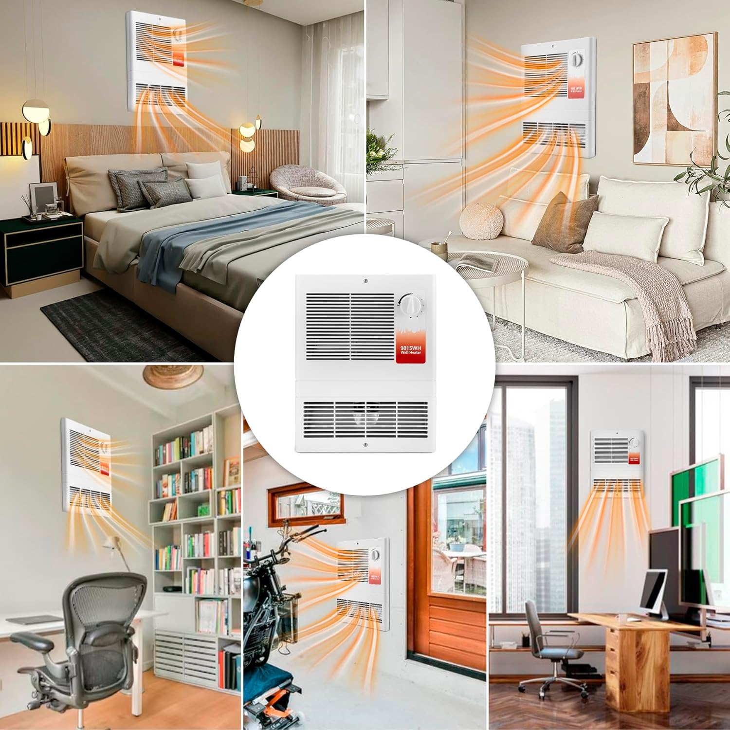 9815WH High Capacity Wall Heater with Built-In Adjustable Thermostat for Indoor Use, 1500W/750W, 120/240V, White