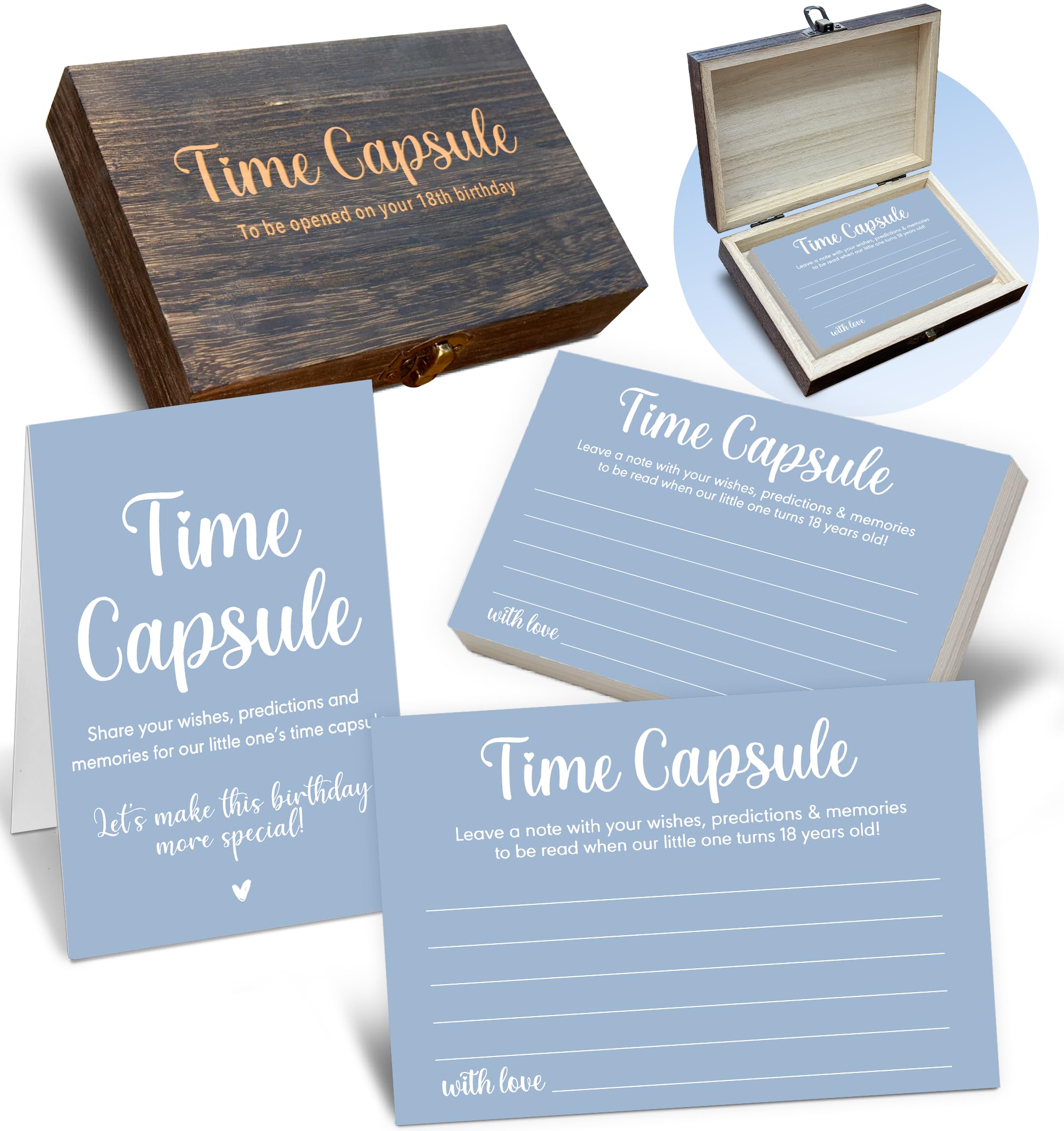 Caja de cápsulas de tiempo para bebé para primer cumpleaños, juego de 50 tarjetas de deseos y caja de regalo de recuerdo, juegos y decoraciones para fiesta de primer cumpleaños (diseño azul) -A01