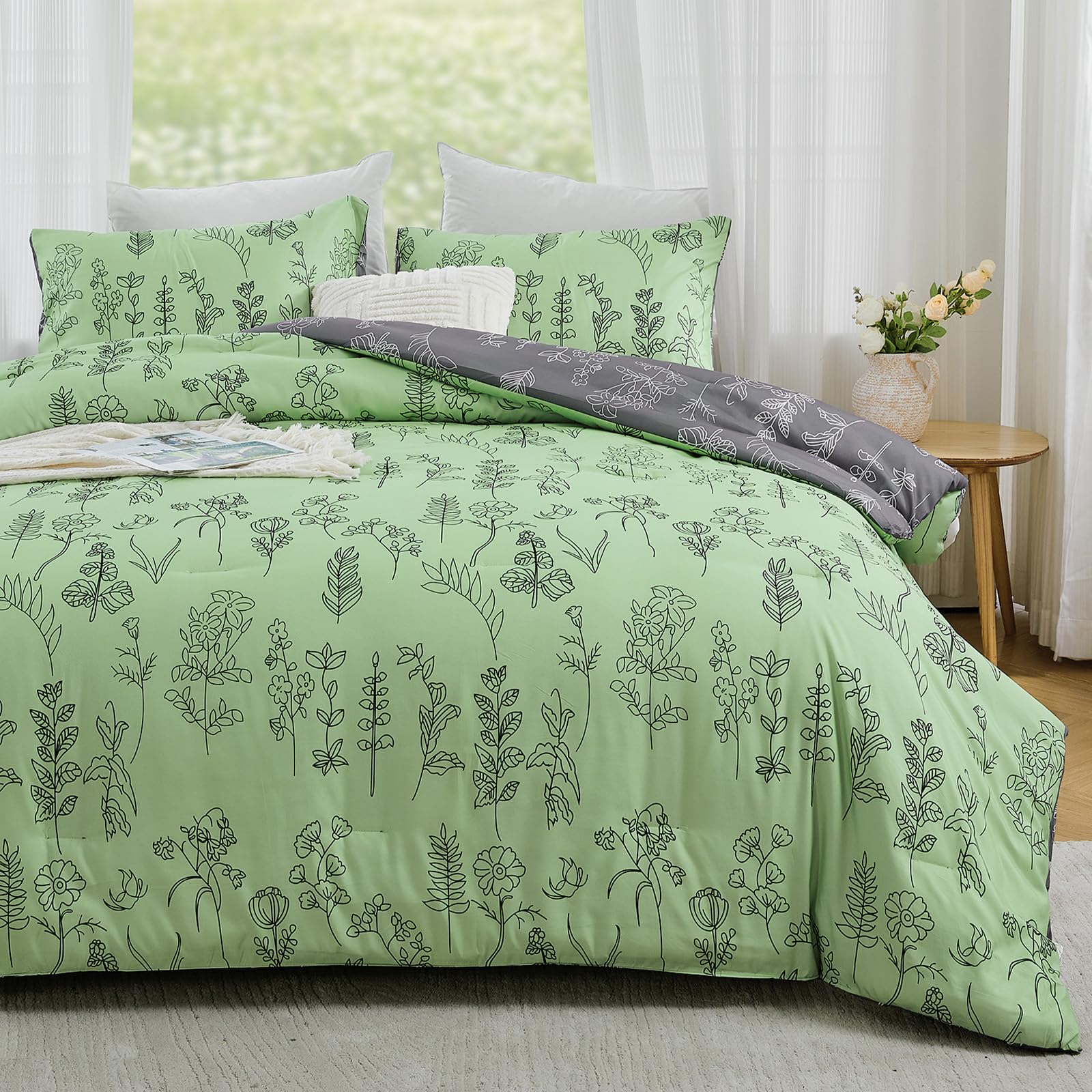 Qucover 3-Piece Coverless Duvet Double, Reversible Grey and Green Floral Botanical Pattern...