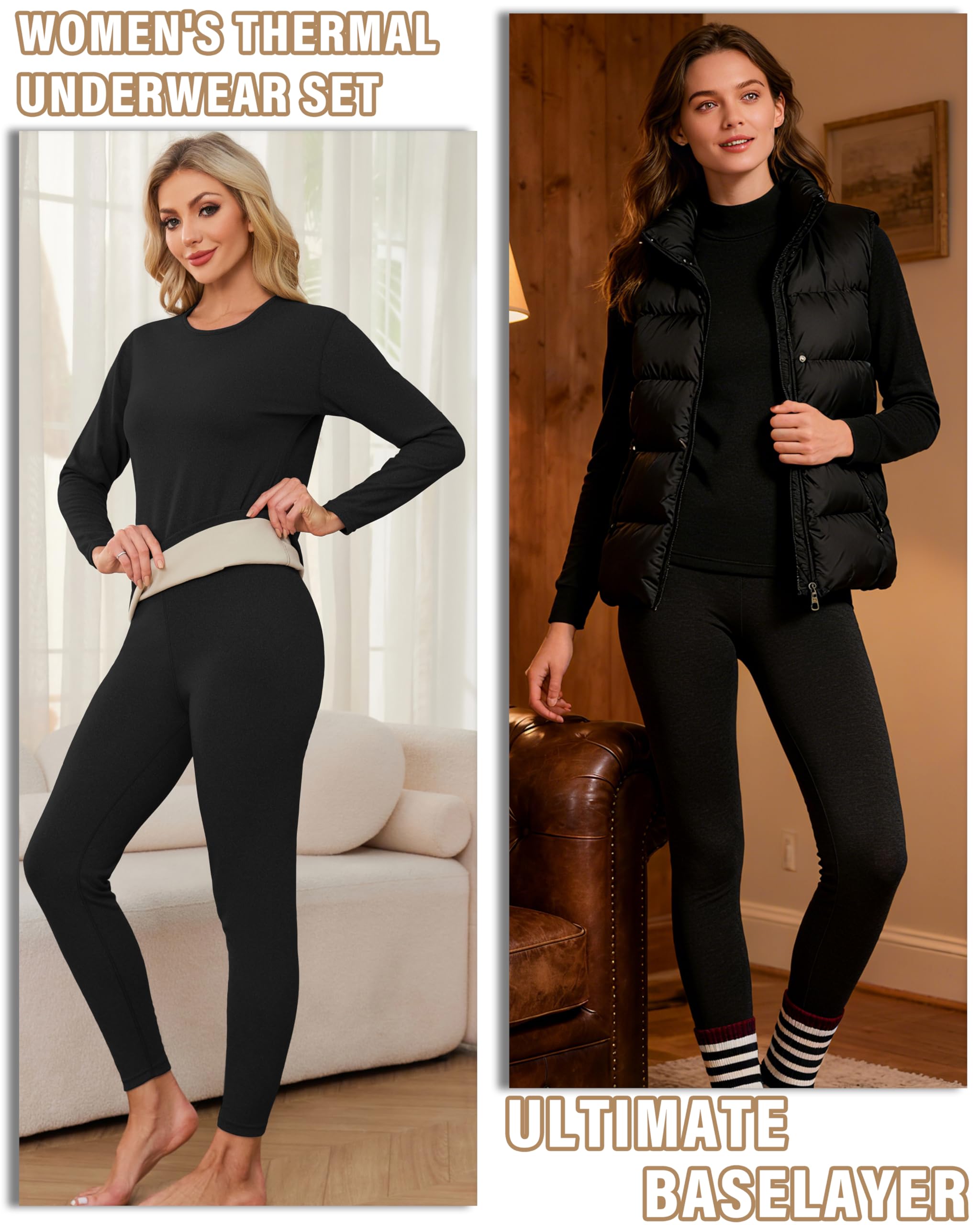 TELALEO 2 Sets Women's Thermal Underwear Long Johns Double-Sided Fleece Lined Base Layer Top & Bottom Pajama for Cold Weather