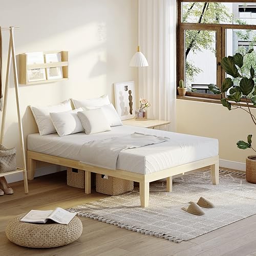 Miniatura 5 de KOMFOTT Base de cama de plataforma de madera de 14 pulgadas, tamaño matrimonial, base de colchón de madera maciza con marco de madera de goma,