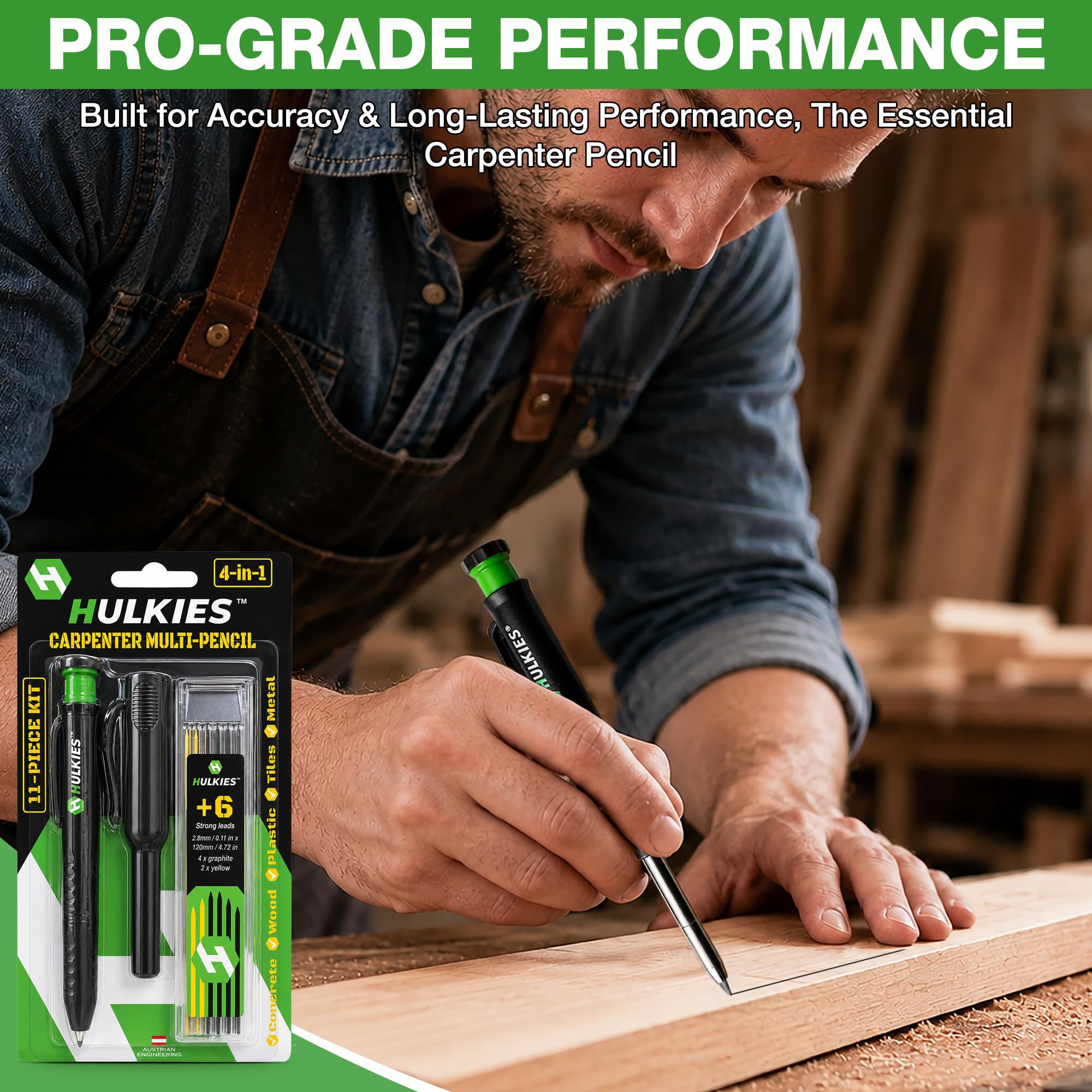 Professional 4 in1 Carpenter MULTI-PENCIL, 11pc Universal ALL IN ONE Deep Hole MARKER KIT incl. Comfort Grip, Quiver, 7 Leads & sharpener Austrian Engineering (1 Pencil Kit Black/Green) — Amazon image 8