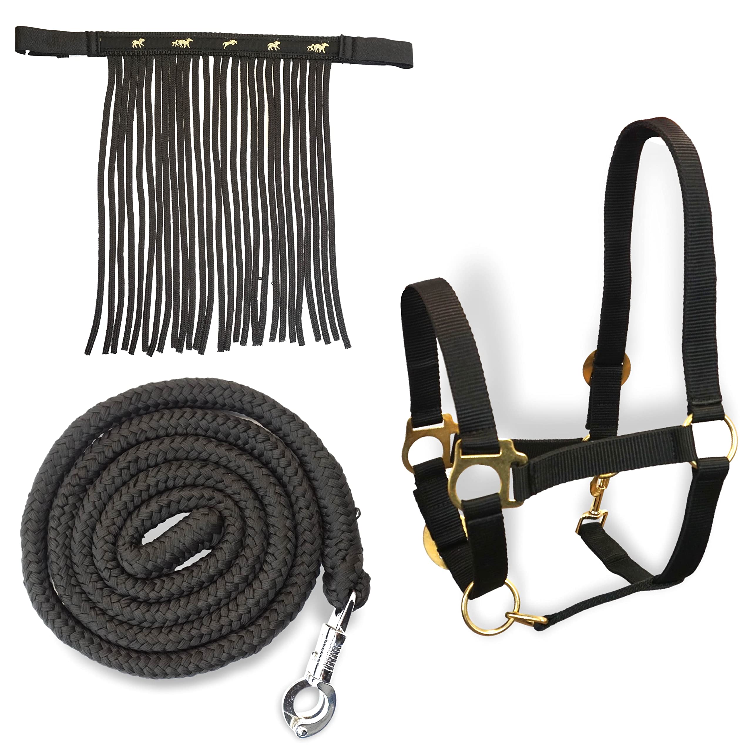 Halfter für Pferde mit Führstrick & Fliegenfransen Pferd, Halfter mit Strick - Halfter Pony Shetty Halfter Cob Full Kb (Shetty, Schwarz)