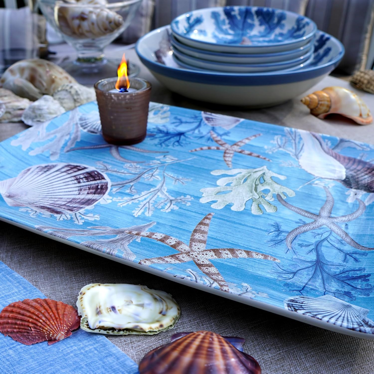 Beyond The Shore 13" Serving Bowl, 128 oz – Ceramic Coastal Bowl with Conch Shell & Coral Design – Large Decorative Round Bowl for Pasta, Salad, Seafood, Chips & Beach-Themed Entertaining