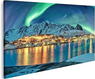 islandburner Bild auf Leinwand Aurora Borealis auf Fischerdorf, beleuchtet die Küste Winter Lofoten Inseln Norwegen Bilder Drucke Kunst Poster Wandbild