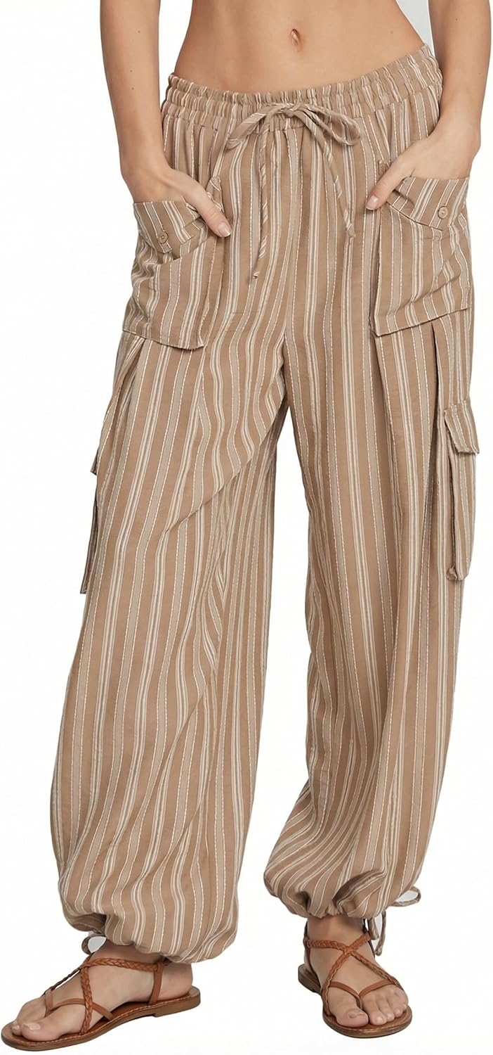 Women's Casual Wide Leg Palazzo Pants High Waisted Striped Flowy Loose Summer Lounge Cargo Trousers with Pockets