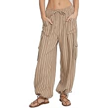 Women's Casual Wide Leg Palazzo Pants High Waisted Striped Flowy Loose Summer Lounge Cargo Trousers with Pockets
