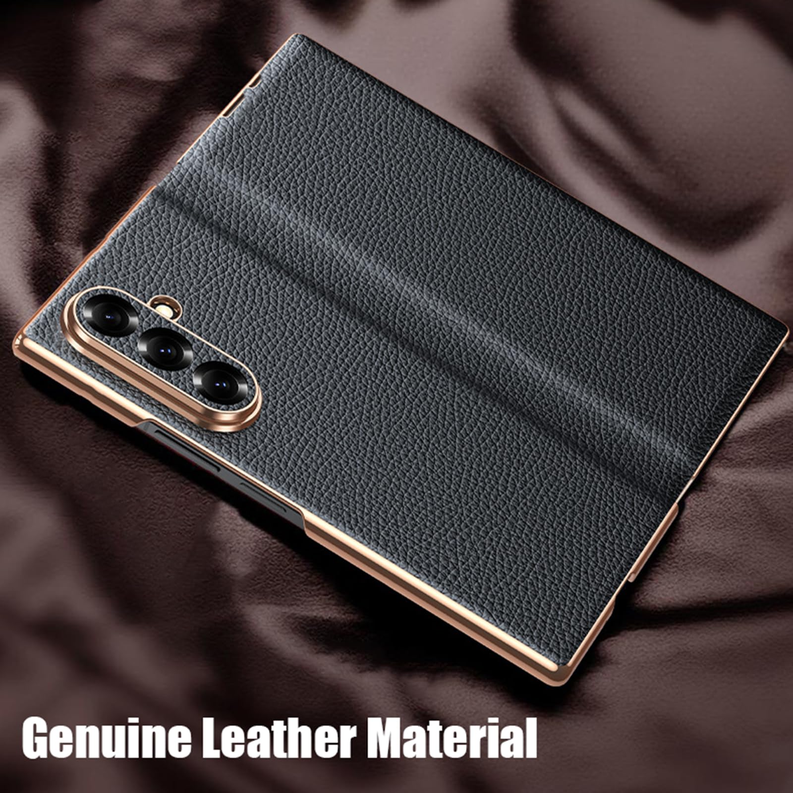 Etui z klapką do Samsung Galaxy Z Fold 7, smukłe luksusowe etui biznesowe z motywem liczi z prawdziwej skóry z ocynkowaną obudową, czarny, Z Fold 7