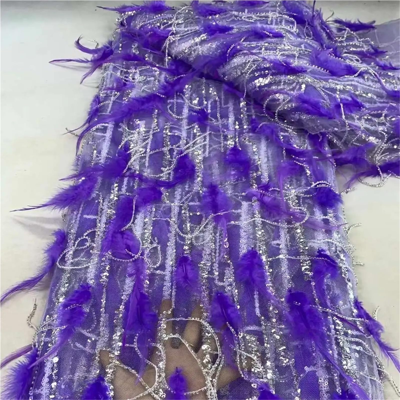 Tessuto per abito da sposa in tessuto di pizzo con piume di lusso fatto a mano paillettes pizzo tulle tessuto 3D per abiti da festa (colore-C)