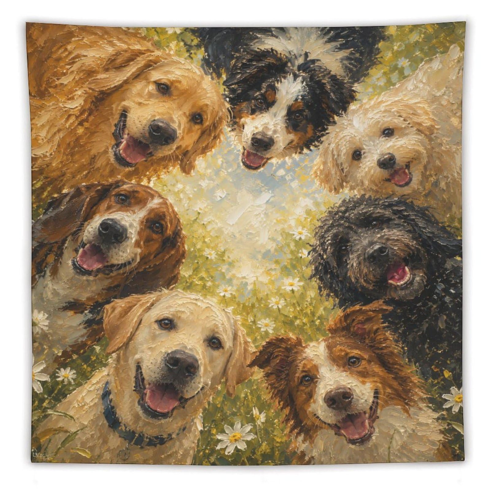 H3B8U2Y5 Happy Dogs Floral Wall Tapestry, Realistic Illustration Style