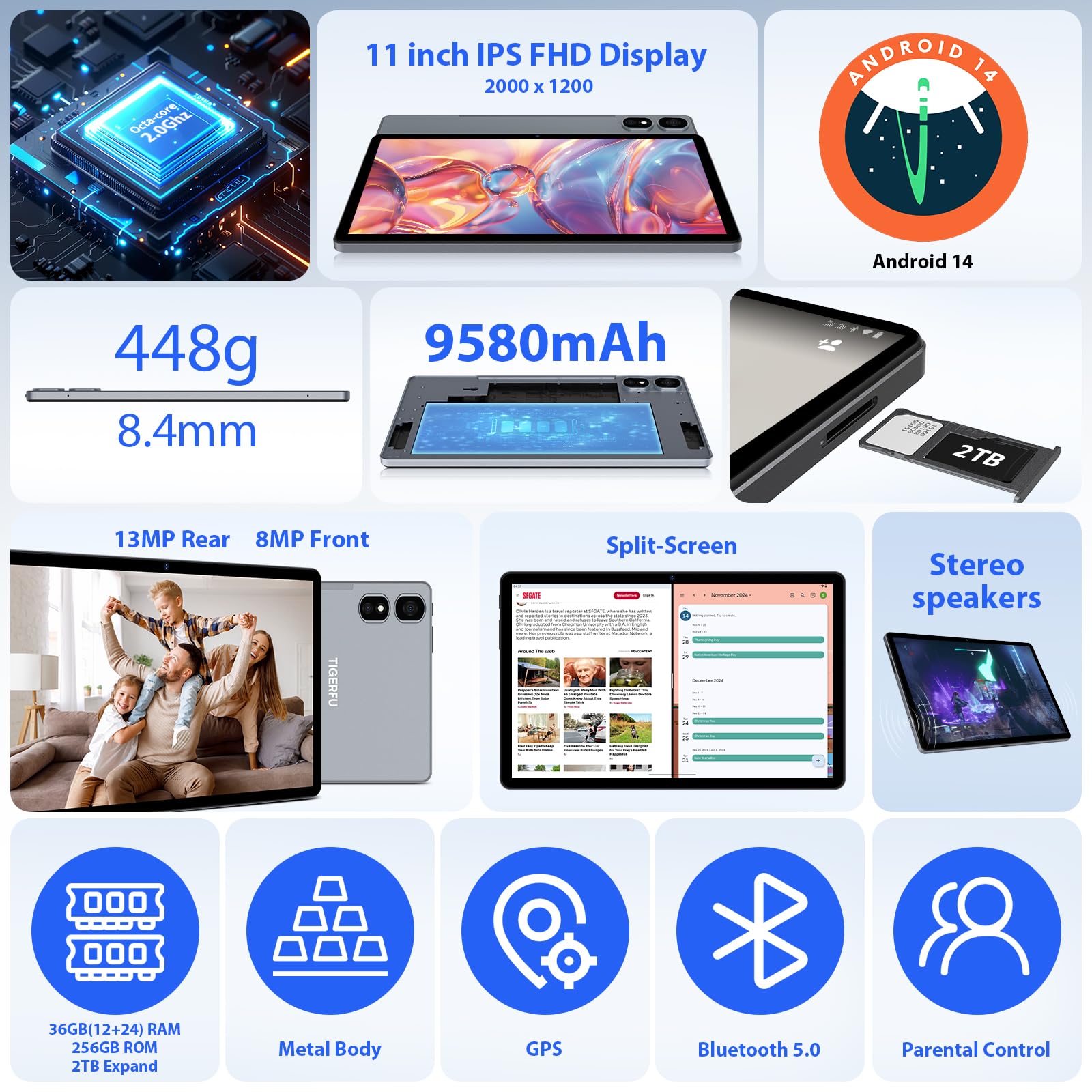 TIGERFU Tablet 11 Pollici, 2K Tablet con Tastiera e Mouse, 36GB RAM + 256GB ROM + TF 2TB, Doppia SIM + 5G/2.4G WiFi, Octa-Core 2.0 GHz, 8MP+13MP, 9580mAh, BT5.0, 2000 x 1200 Pixel (Grigio)