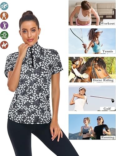 Miniatura 5 de LURANEE - Camisetas deportivas de manga corta para mujer, diseño sin botones que absorbe la humedad, con cremallera de un cuarto