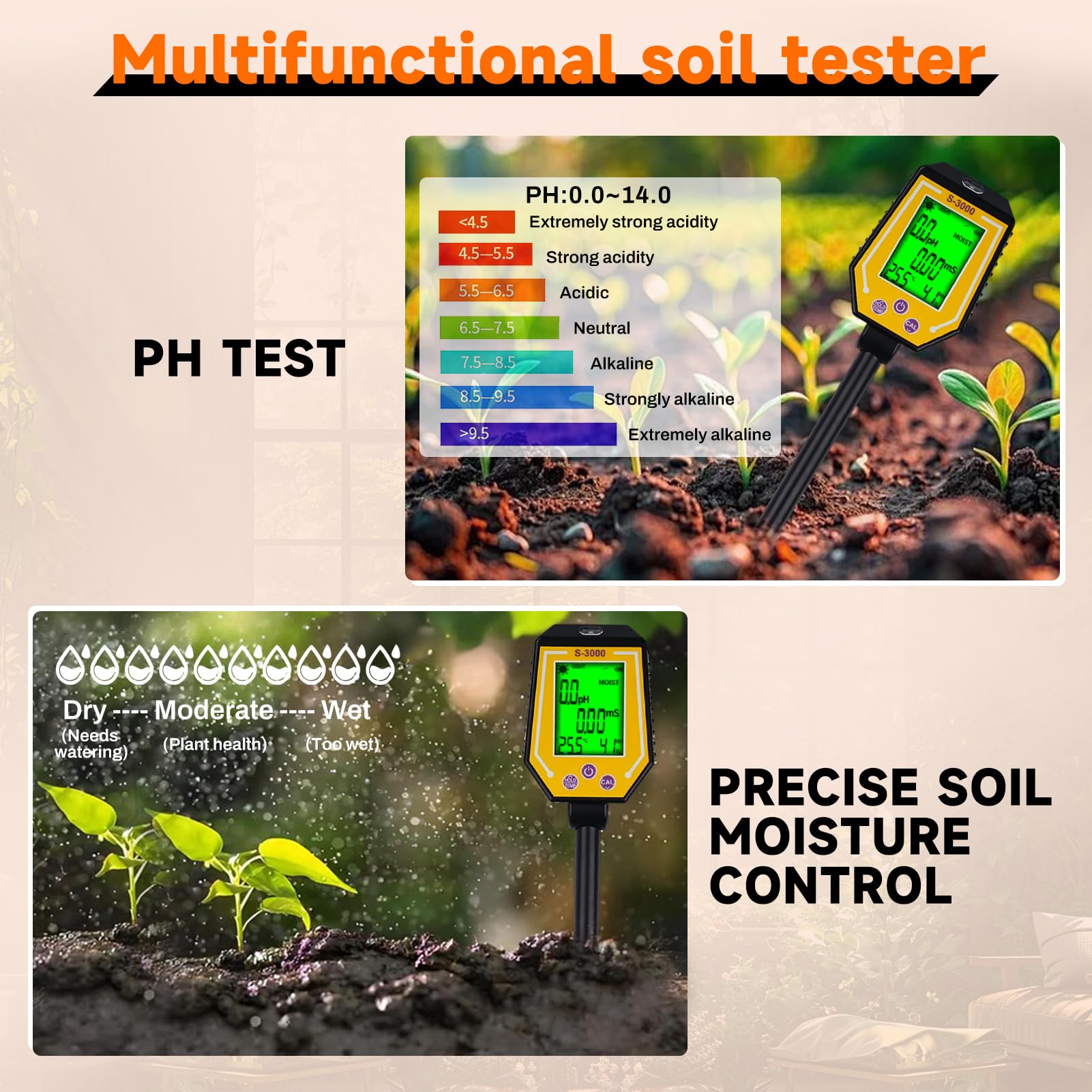 6 en 1 Medidor ph Tierra Medidor Humedad Plantas ph Suelo Medidor de ph Tierra Medidor de Suelo Fotometría Solar/PH/EC/Temperatura/Humedad del Suelo/Humedad del Aire con Pantalla LCD.