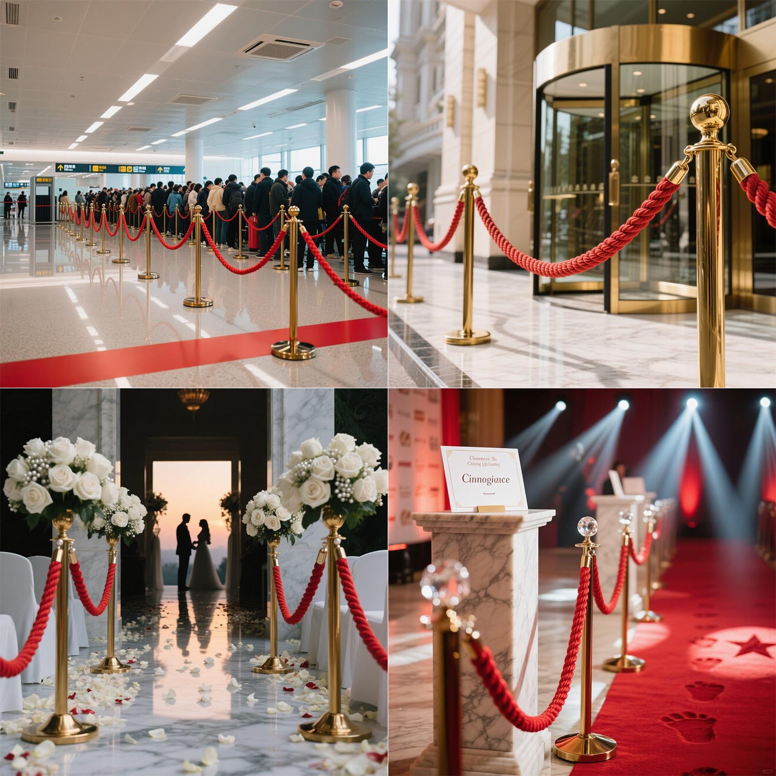 Barrera de seguridad roja y blanca con gancho dorado, control de multitudes para eventos, bodas, cines, hoteles, elegante solución de gestión de colas para entradas elegantes