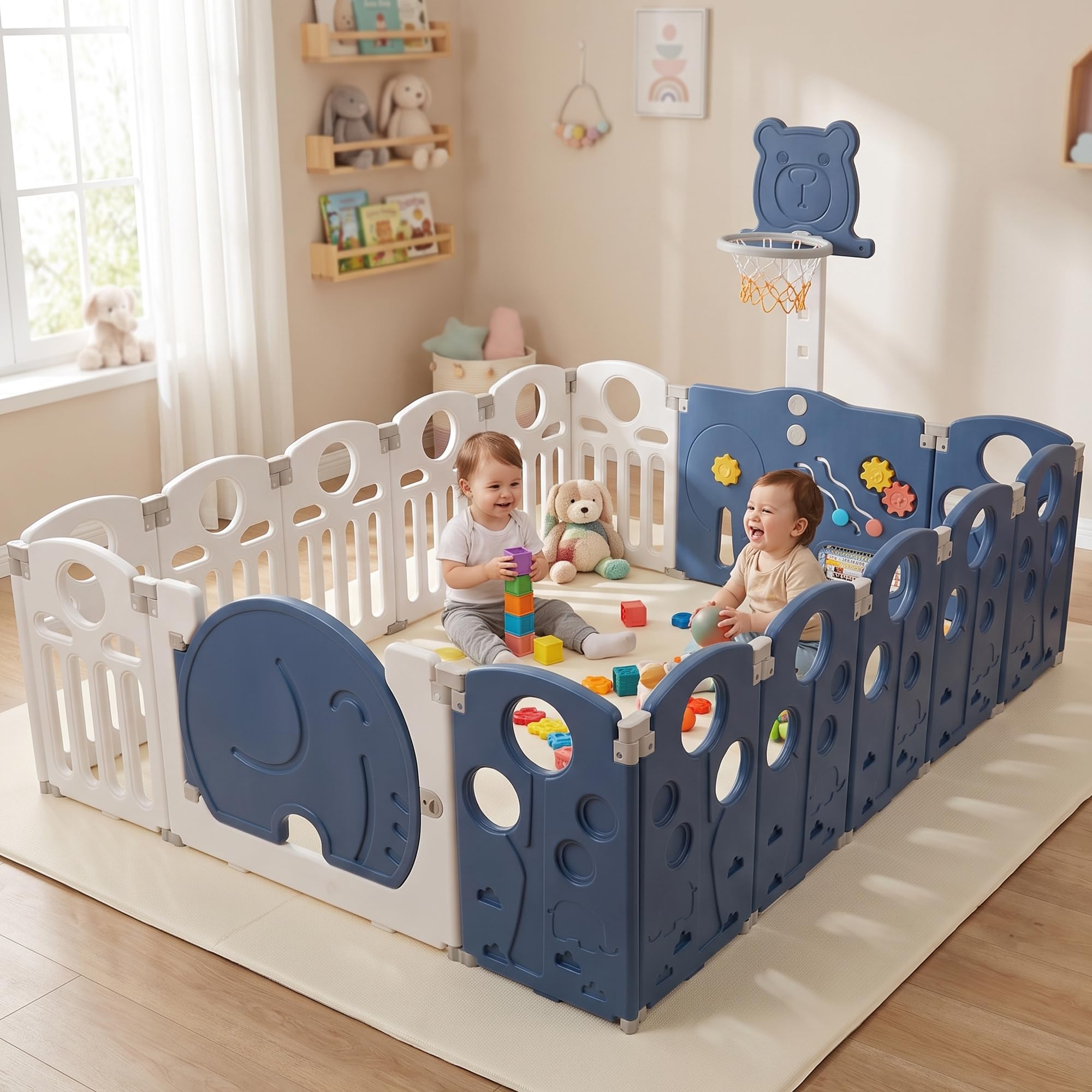 Baybee 2 in 1 Foldable Kids Playpen for Babies | Baby Play Area Indoor Setup with Basketball Set, Sensory Toys, Safety Lock, & Double Knob | Outdoor Play Pen for Kids for 0-5 Years | Baby Activity Playards for 0-5 Years (16 Panels)
