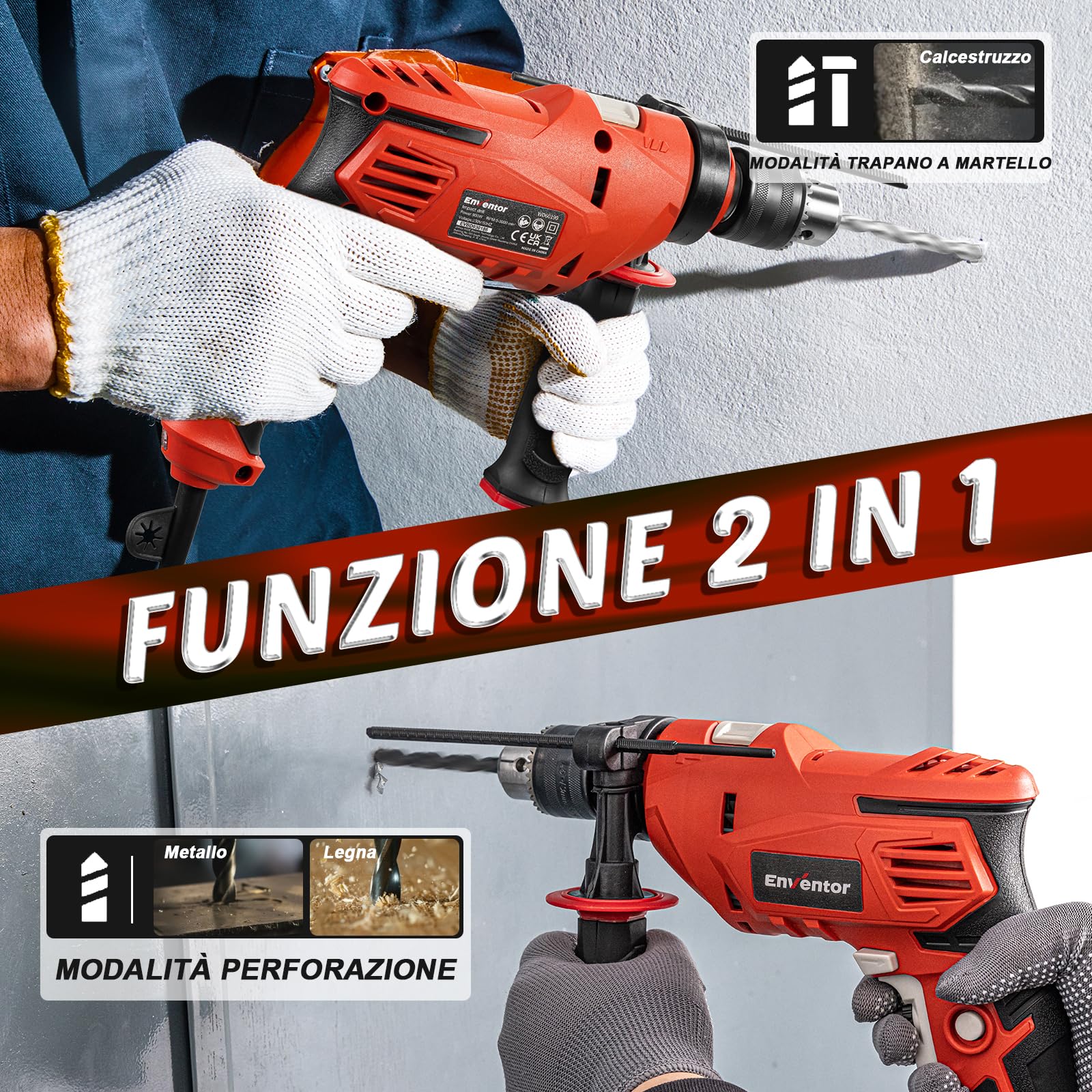 Enventor Trapano a Percussione 900W, Trapano Elettrico a Filo con 37 Accessori, Funzione 2 in 1, 0-3000RPM, Impugnatura Ausiliaria a 360°, Mandrino da 13MM, per Calcestruzzo, Metallo e Legno