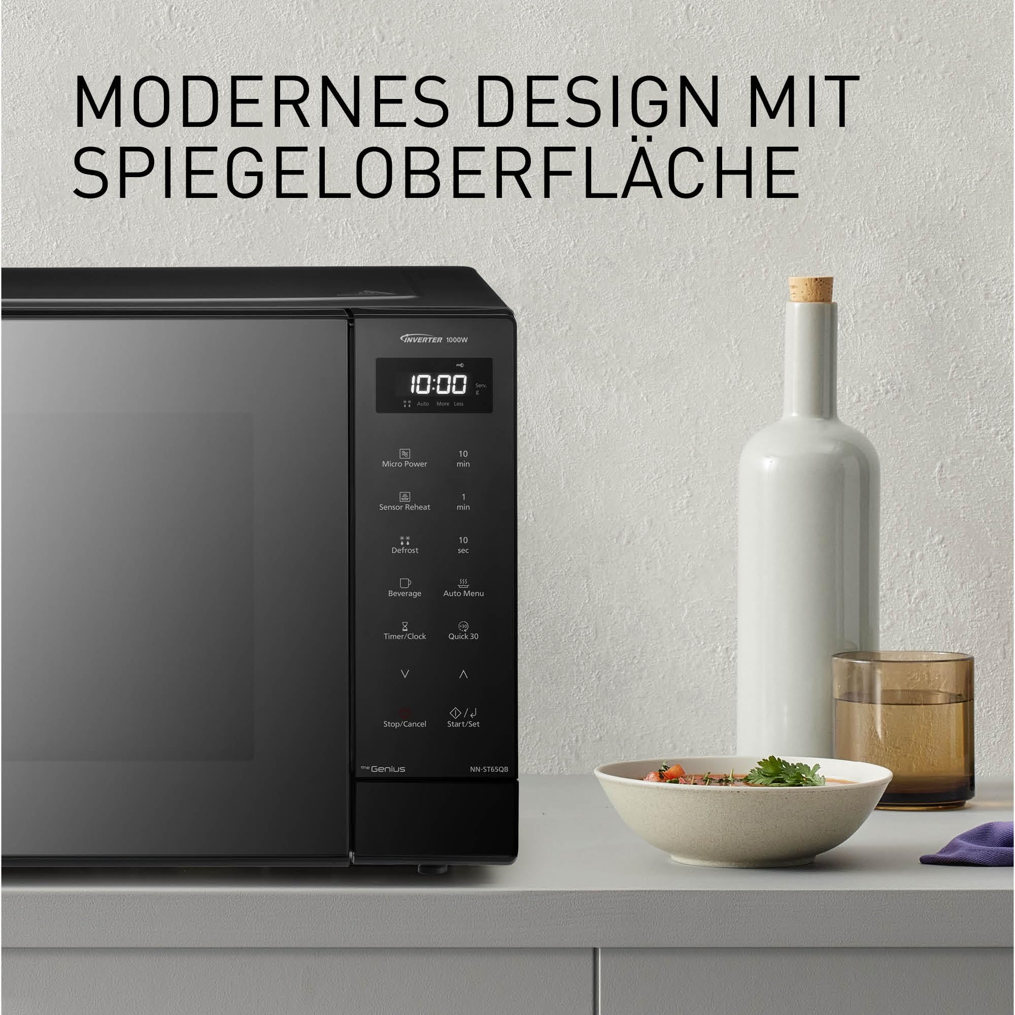 Panasonic NN-ST65QBEPG 32L Inverter Solo Mikrowelle, 1000 Watt Leistung, Genius Sensor Technologie, 20 Automatikprogramme, Quick 30 Funktion, Touch-Bedienung, Großer Drehteller, Schwarz