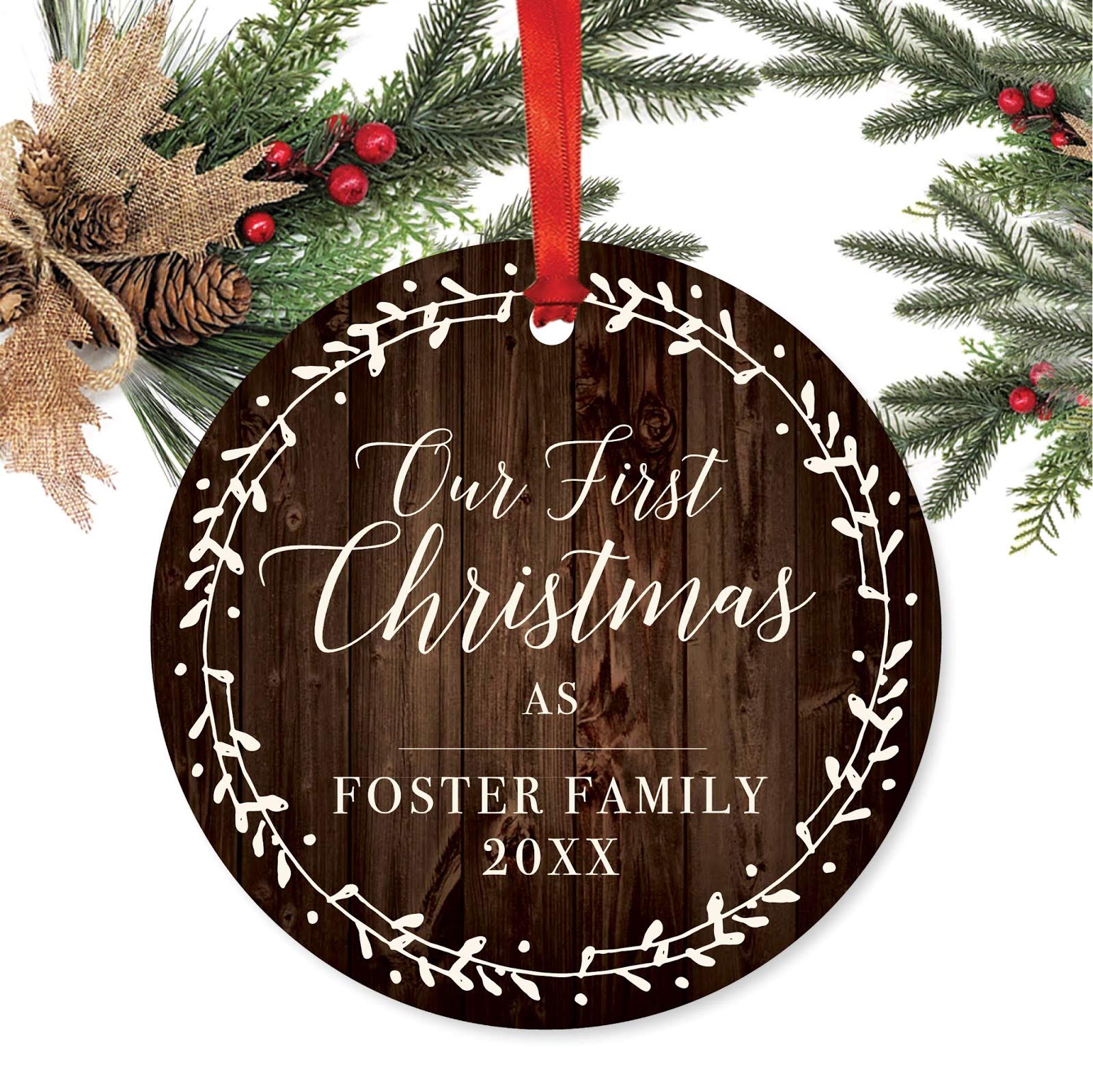 Andaz Press Custom Year Metal Christmas Ornament, Our First Christmas As A Foster Family 2024, Rustic Wood Florals, 1-Pack, Includes Ribbon and Gift Bag Foster Care Ornament Foster Family Ornament