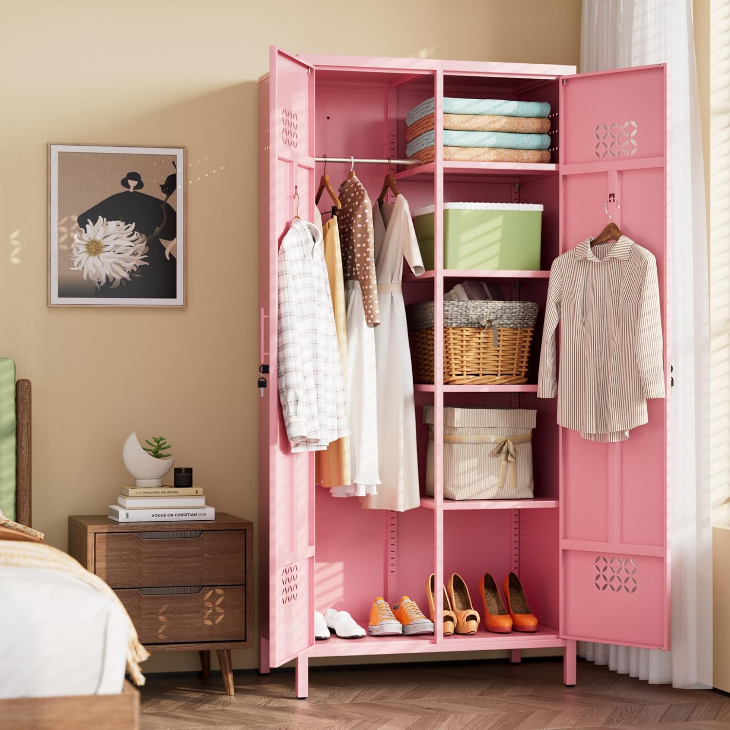 SUPEER 2 Doors Metal Storage Locker with Adjustable Shelves and 2 Hanging Rods,Deepen Metal Wardrobe Cabinet with Lock,Wardrobe Lockers for Home,Office,71" H*33.5" W*20" D,Assembly Required,Pink