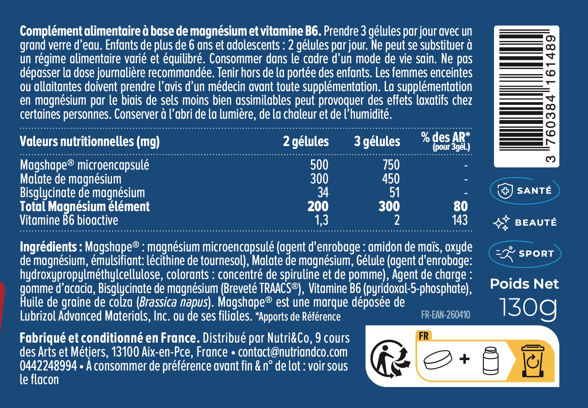 NUTRI&CO Magnésium Bisglycinate Malate & Liposome vitamine B6 | 240 Gélules | Haute Teneur 300mg/j | Haute Absorption Supérieure au Magnésium Marin | Fatigue & Stress | Vegan | Conditionné en France