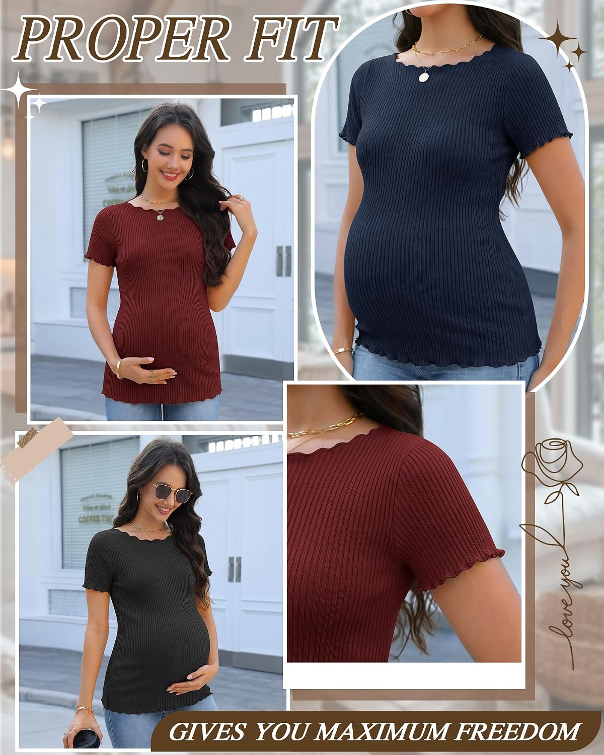 3 Pack Women's Maternity Ribbed Shirts Cotton Short Sleeve Pregnancy Tops Boat Neck Lettuce Trim Mama Clothes(Black, Navy Blue, Wine Red,Small)