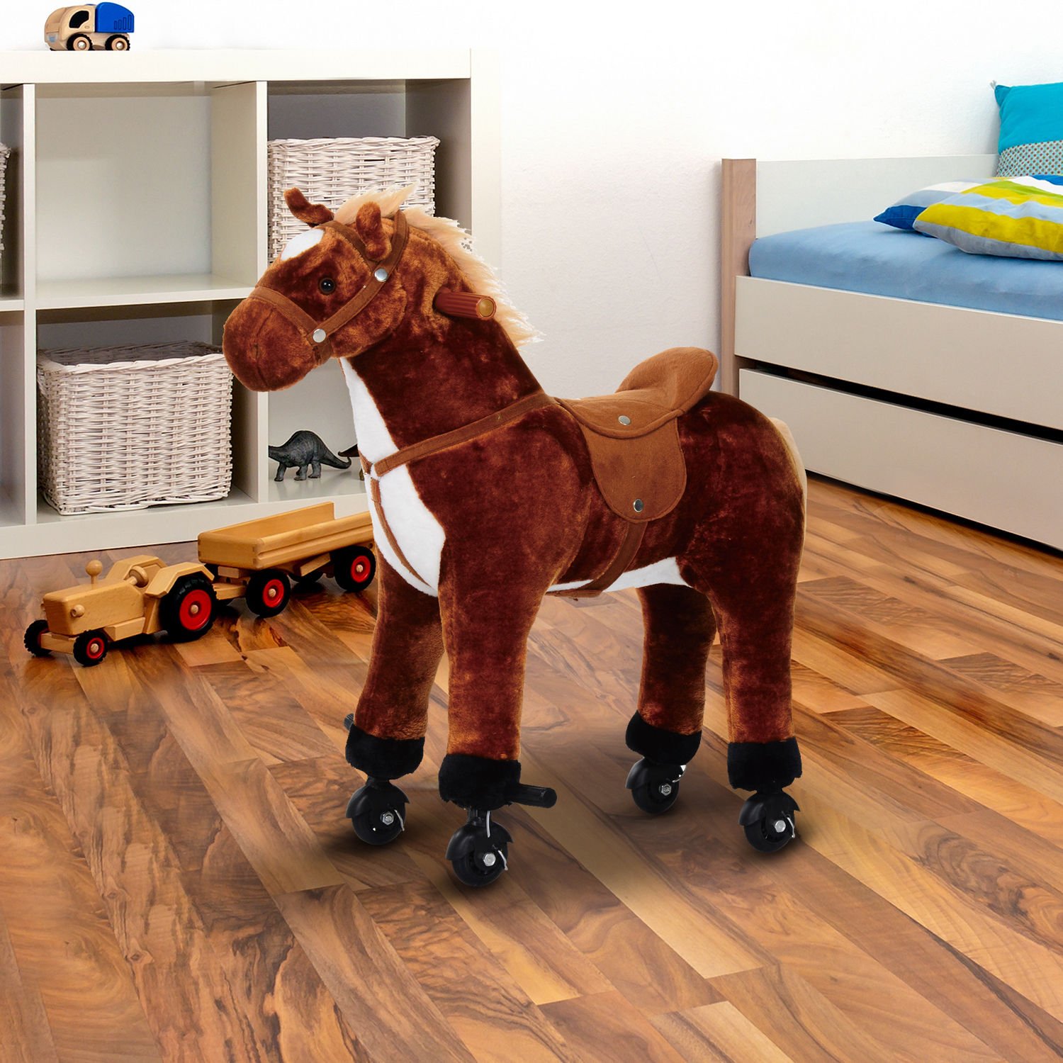 HOMCOM Caballo de Juguete para Niños de +2 Años Caballo de Juguete con Ruedas Sonidos y Estructura de Metal Carga 60kg 65x28x75 cm Marrón