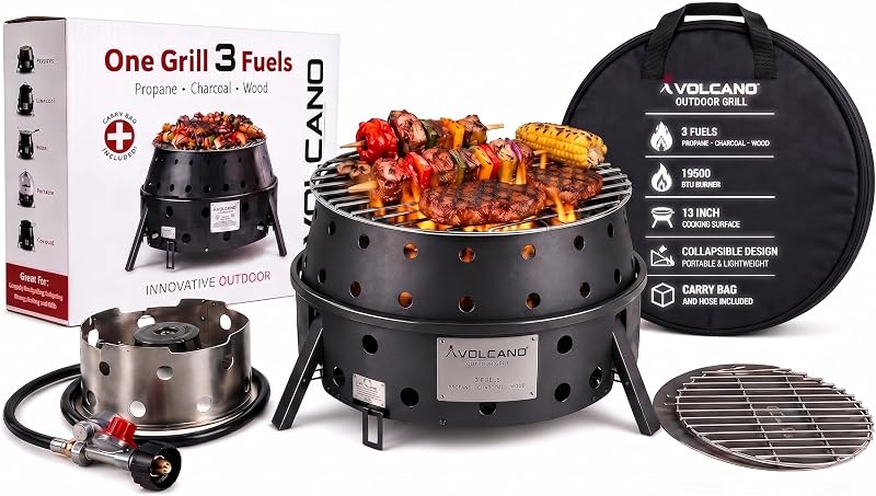 Volcano 3 Parrilla/estufa portátil plegable para exteriores, propano, carbón y madera, quemador de 19500 BTU, superficie de cocción de 13 pulgadas, estufa de camping para mochileros, senderismo y barbacoa, bolsa de transporte y manguera incluidas