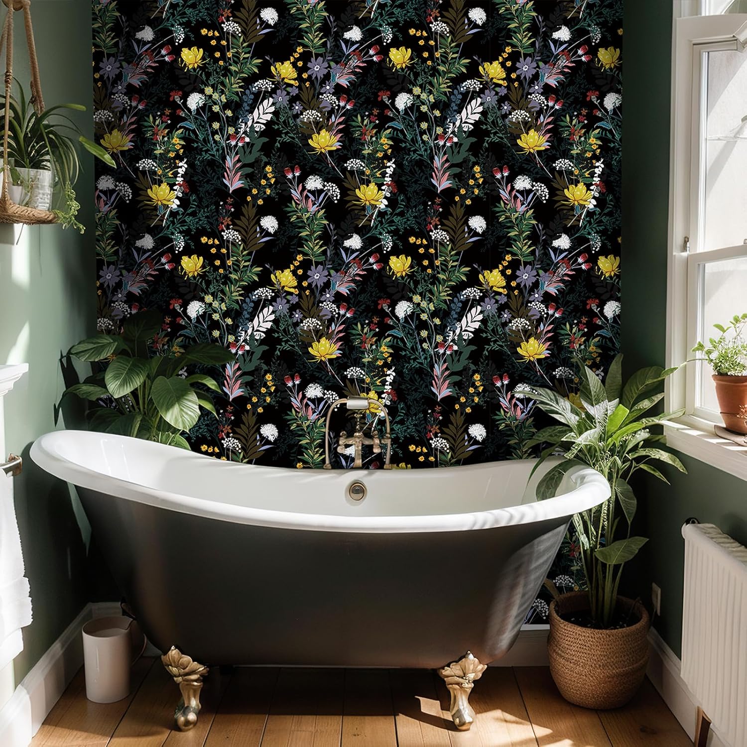 VEELIKE Dark Garden Floral Peel and Stick Wallpaper Vintage Black Floral Wallpaper for Bathroom Bedroom 17.7''x118'' Prepasted Removable Dark Botanical Wallpaper Mural Contact Paper for Walls Cabinets