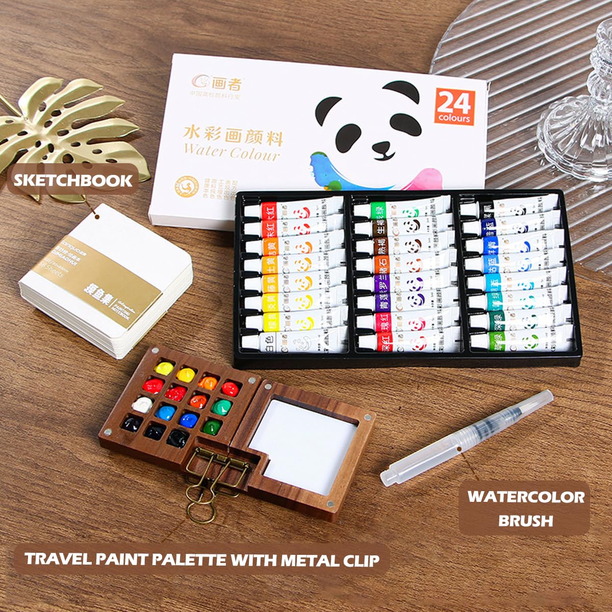 6 Set Mini Travel Watercolor Kit - Wooden Palette, Sketchbook, Brush ...