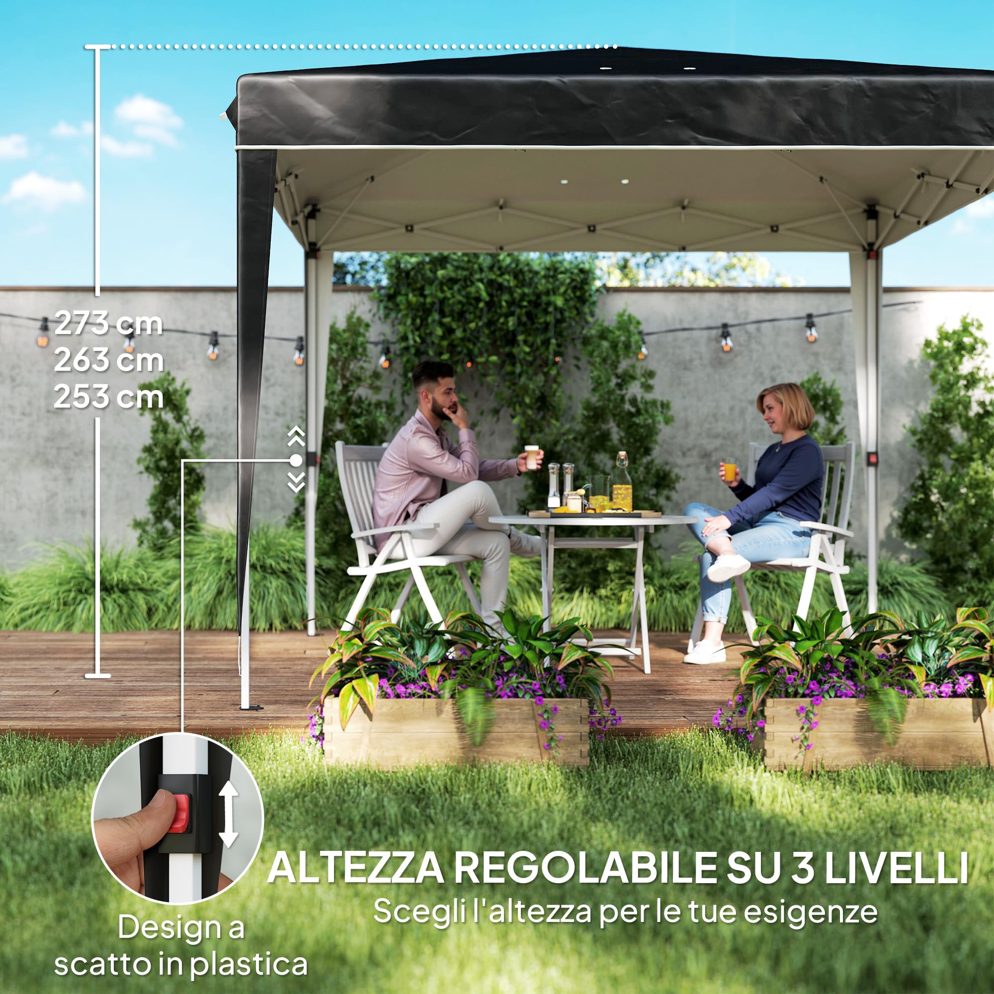 Outsunny Gazebo 3x3 m Pieghevole Pop Up Regolabile da Esterno Nero | Fori di Drenaggio, Metallo e Tessuto Oxford, Sacca di Trasporto, UV50+, per Giardino Feste Campeggio