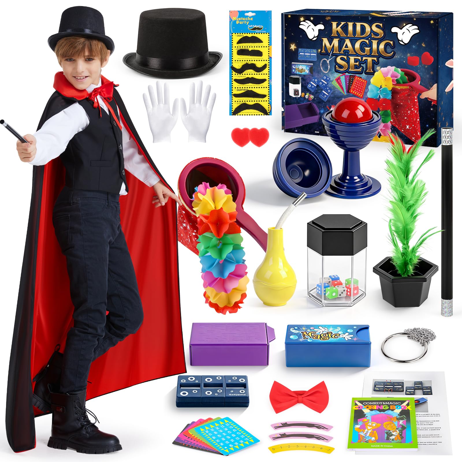 BuzzoXerex Kit de Magie, Coffret Magie Enfant avec Déguisement Magicien Enfant, Accessoires de Magicien et Instructions, Tour de Magie Enfant 6 7 8 9 10 11 12 Ans pour Garçons et Filles Carnaval