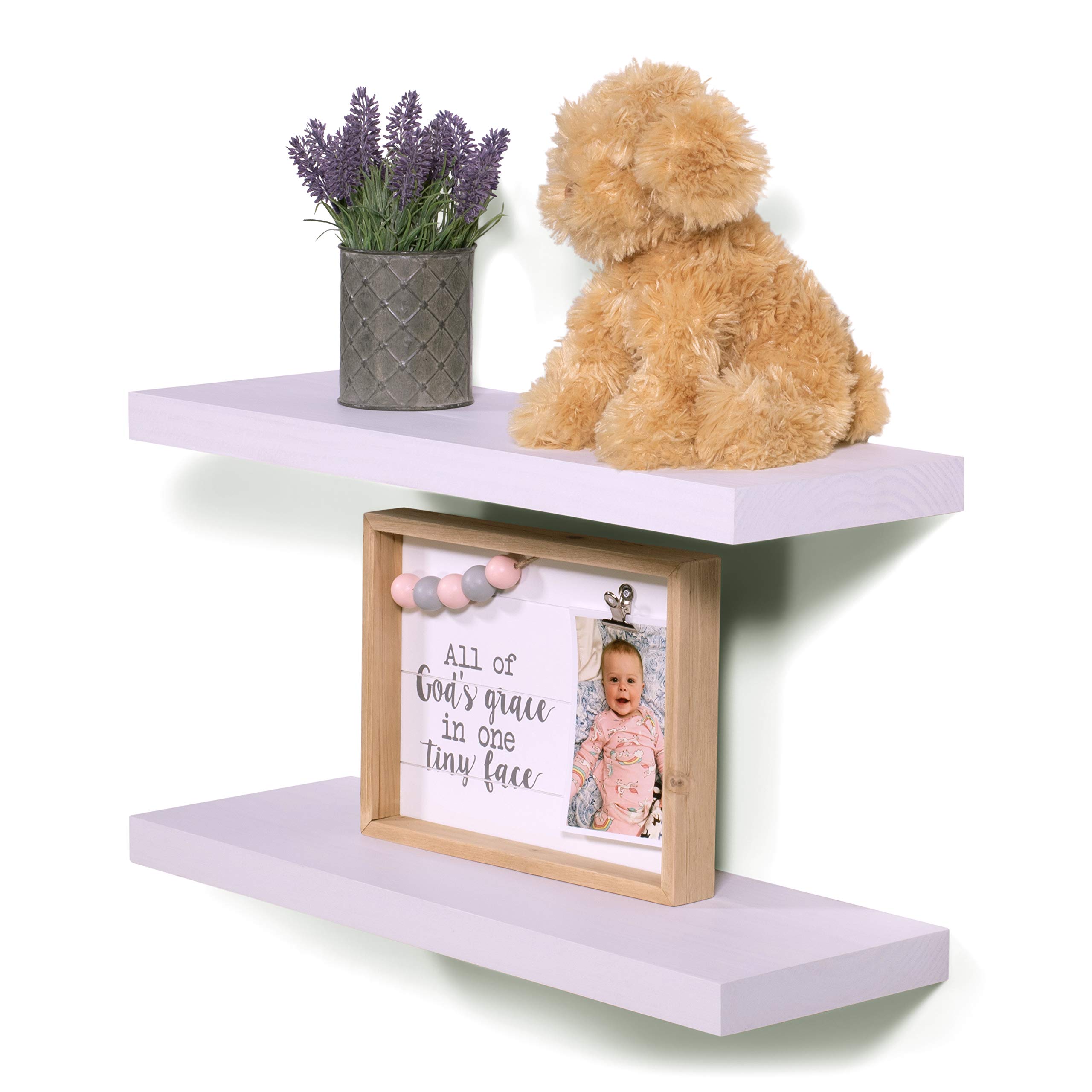 DAKODA LOVE 24" x 8" Clean Edge Solid Wood Floating Shelves | Premium Handmade Quality | Easy Hidden Bracket Wall Mount | Modern Rustic Pine | Set of 2 (White)