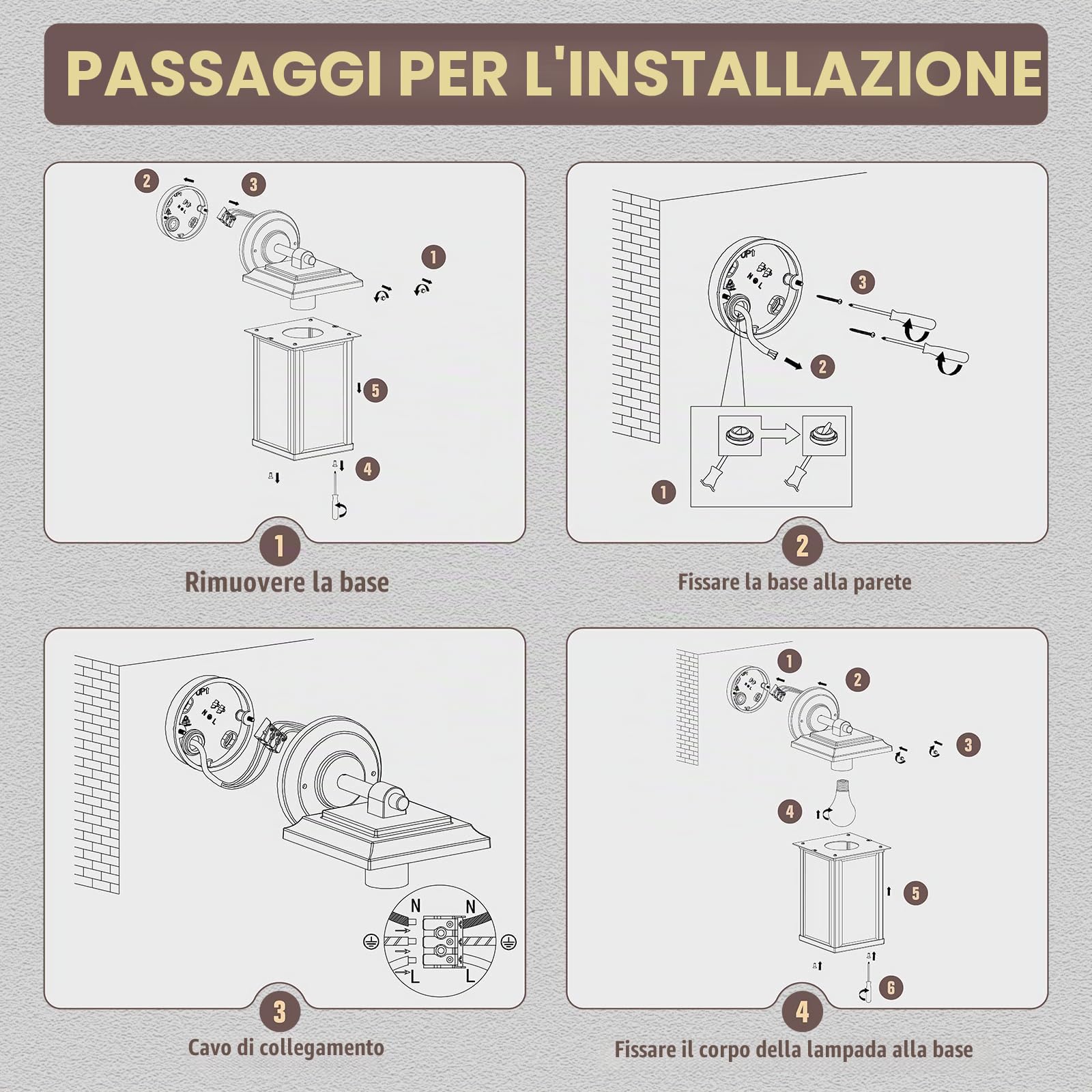 Applique da Parete per Esterni, Lampadina E27 Max 25W (Non Inclusa), IP65 ImpermeabileCorpo in Alluminio, Diffusore in Vetro, Lampada da Esterno a Parete con Paralume in Vetro Trasparente