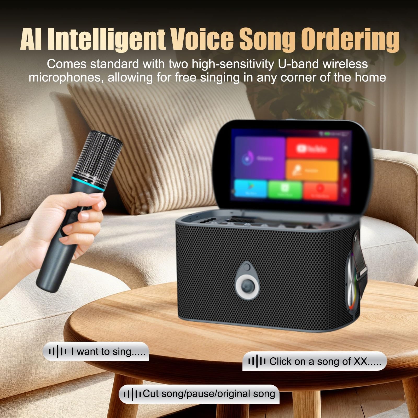 Karaoke Portátil De Karaoke En Casa con Pantalla Táctil, Visualización De Letras, Micrófonos Inalámbricos Recargables, Autotune EQ, Altavoz Potente para Fiestas
