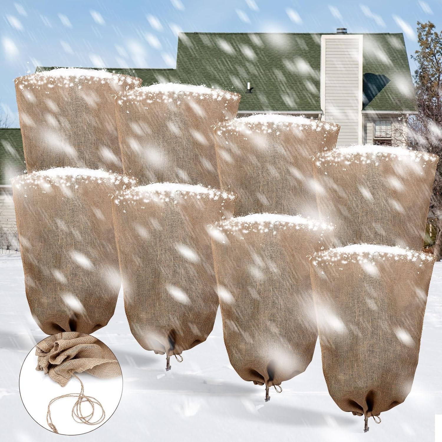 8 Pcs 40 x 56 Inch Burlap Winter Plant Cover Bags Reusable Warm Large Plant Frost