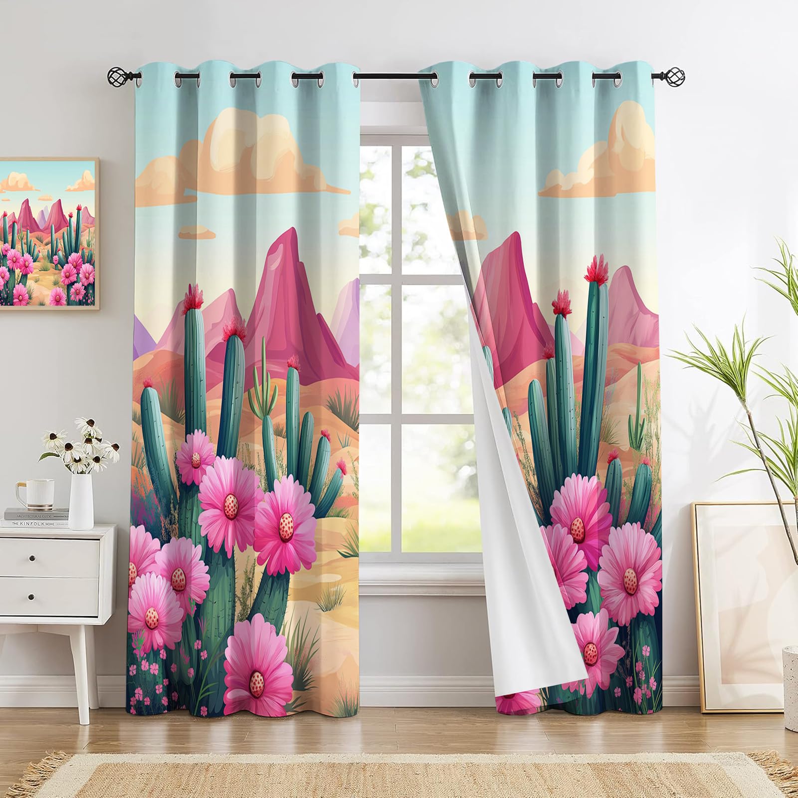 Rideau occultant thermique pour salon imprimé cactus rose 140x225 cm