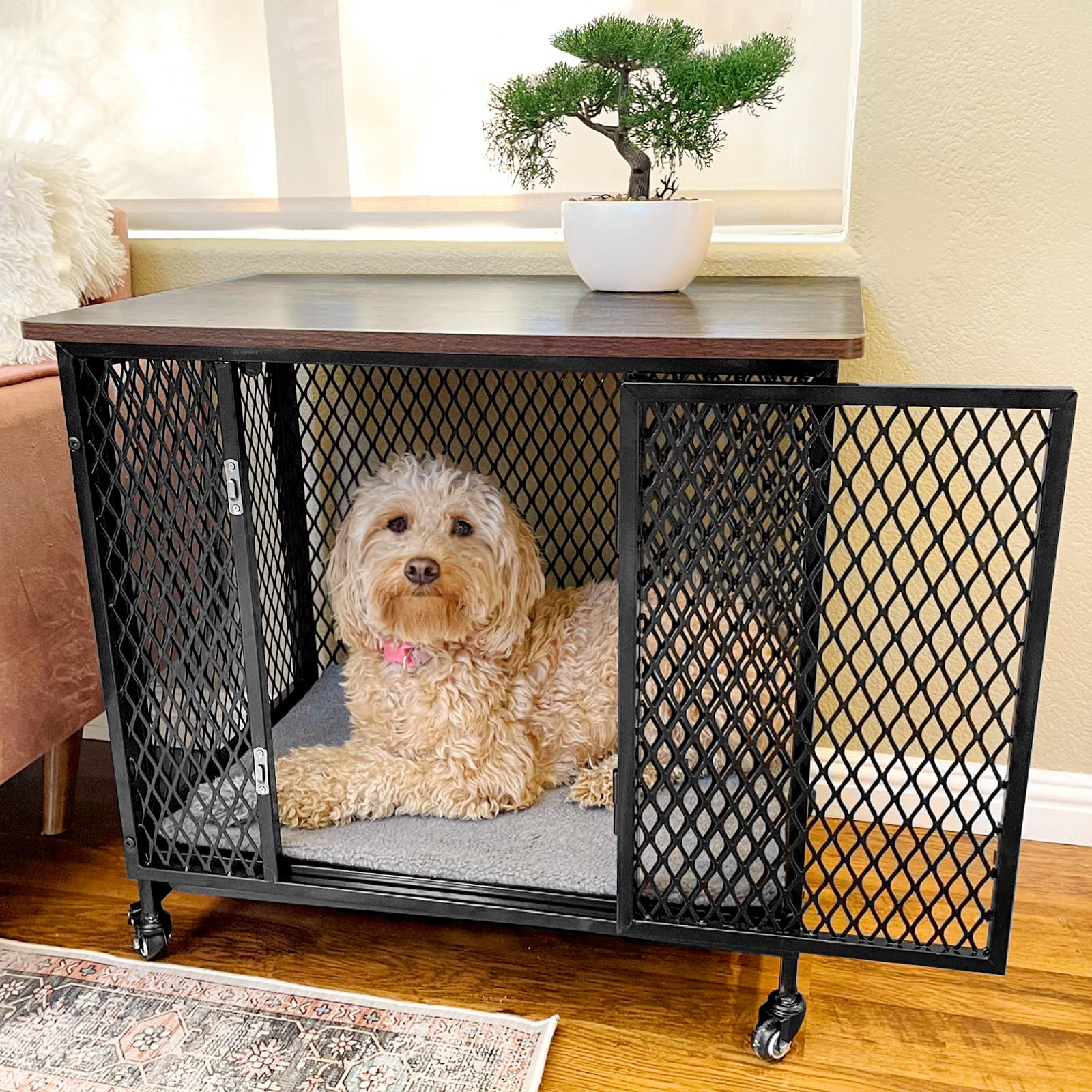Aivituvin Hundekäfig Möbel, große Bewegliche hundebox für zuhause, Indoor Hundekennel für kleine, mittlere und große Hunde, Holzhundehaus mit Kissen, Ablagetrog und Drahtboden (schwarz, XL)