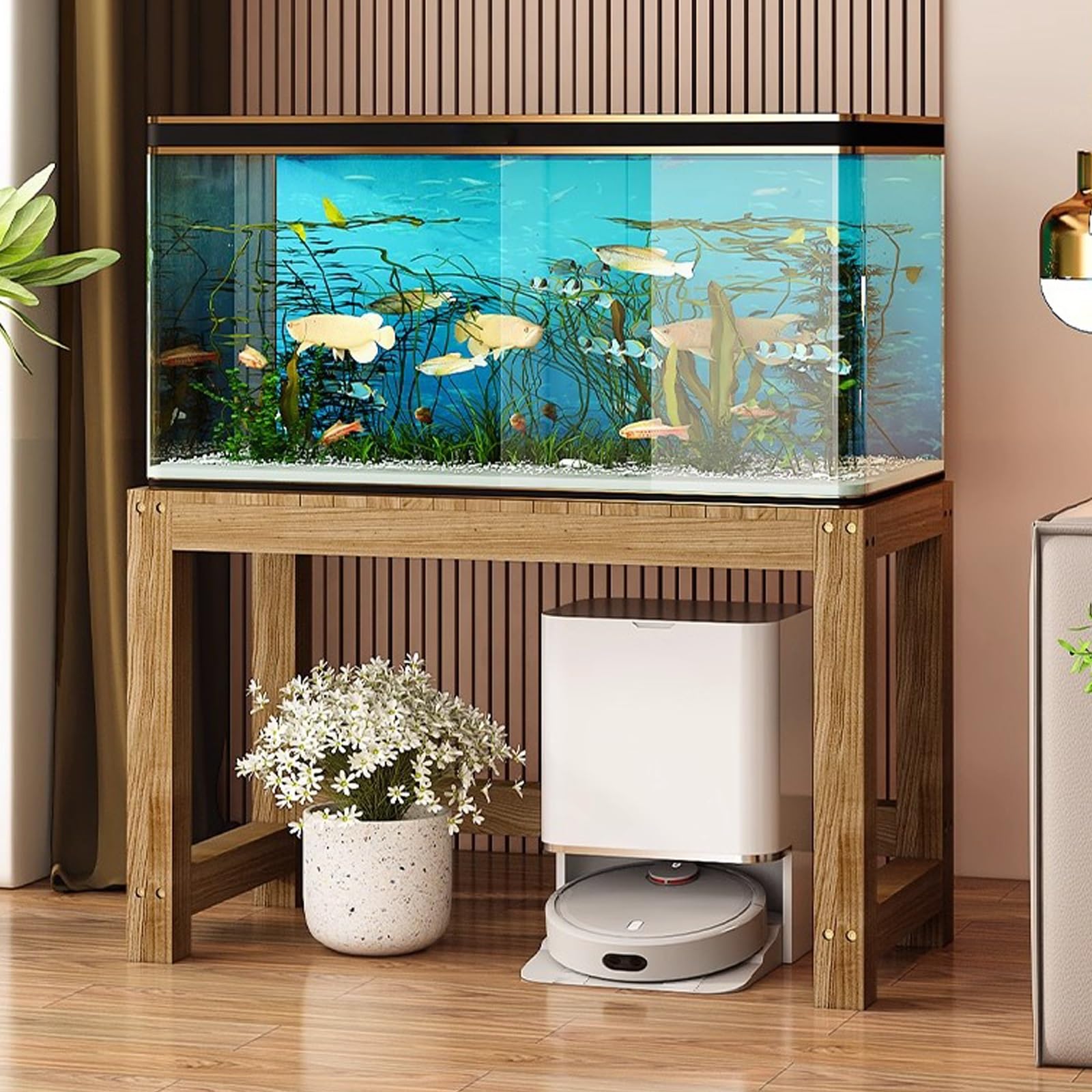 Support pour aquarium en bois massif avec étagère de rangement robuste