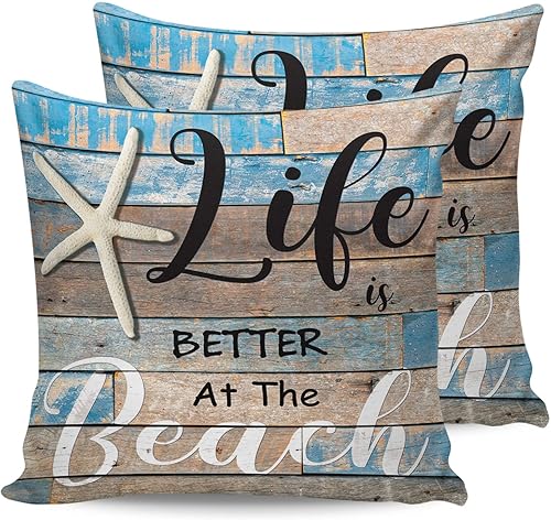 Miniatura 7 de Juego de 2 fundas de almohada de verano para exteriores, con texto de vida oceánica, diseño de estrellas de mar, impermeables, decorativas, fundas