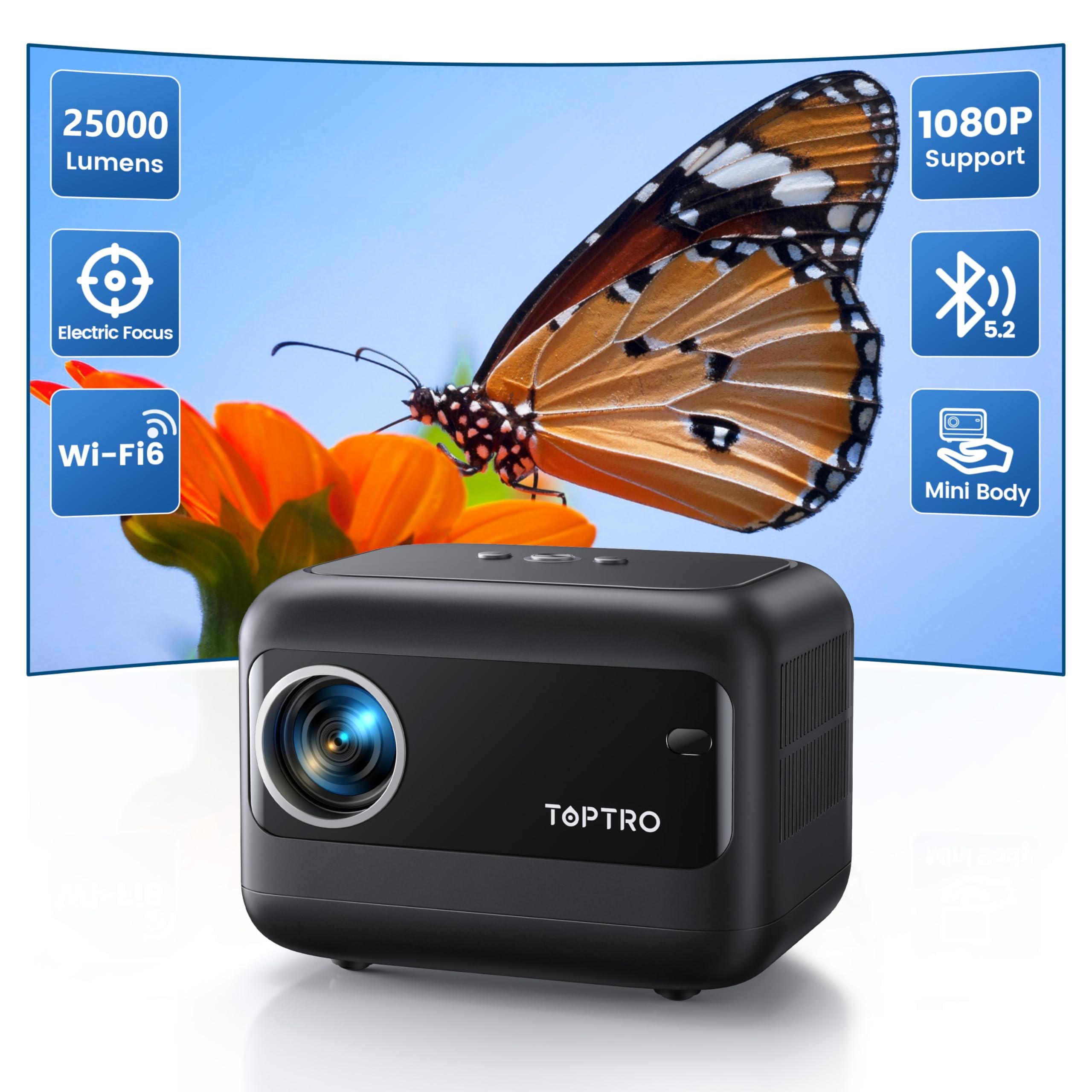 MiniProyector Portatil 【Enfoque Eléctrico】 20000 lúmenes Proyector 1080P Soporte, Corrección Trapezoidal Motorizada ±40° WiFi 6 y Bluetooth 5.2, TR25 Proyectors Cine En Casa para iOS/Android/PC/HDMI