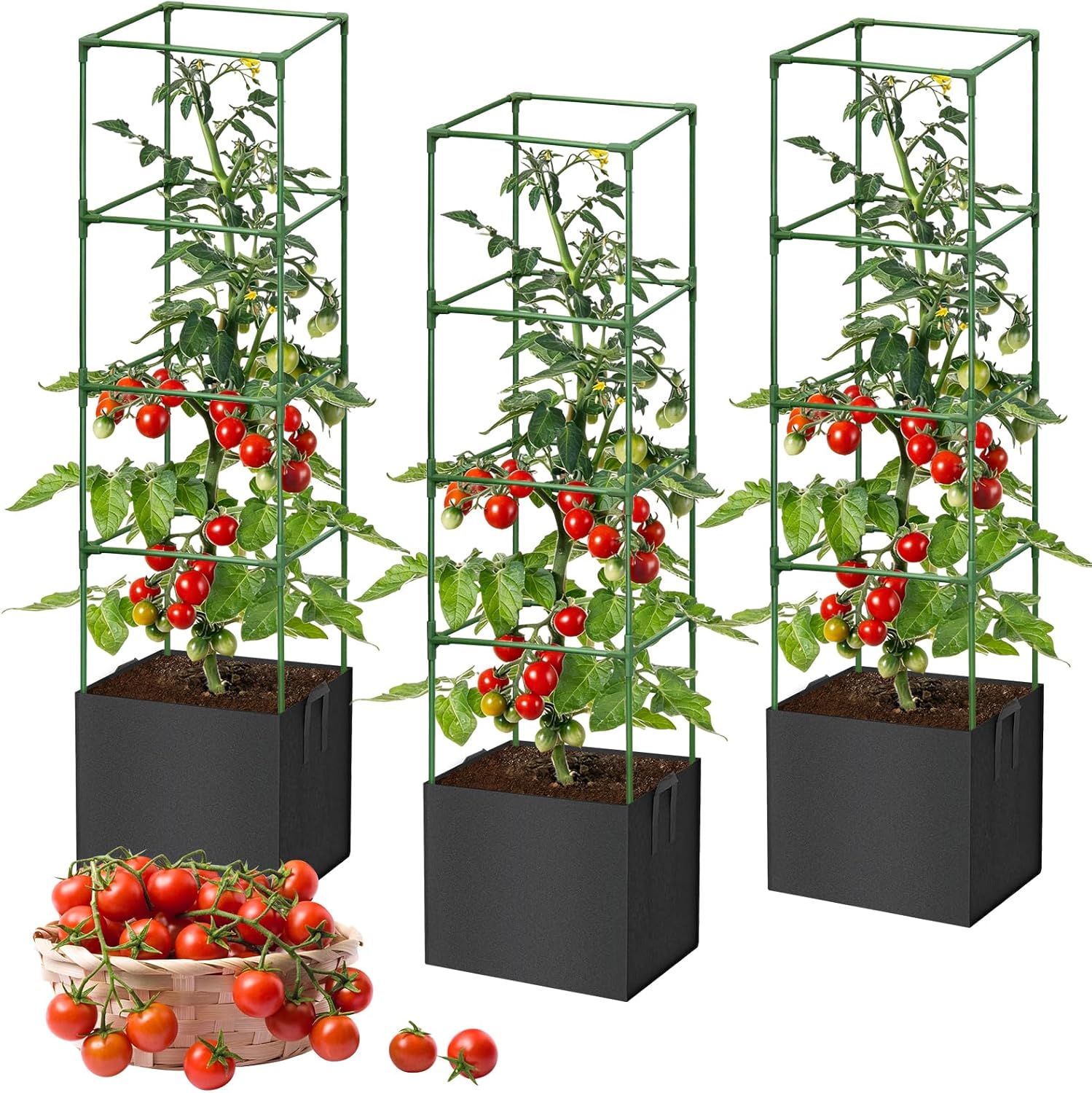 3 Pack Tomato Cages with Grow Bags, 59 Inch Adjustable Square Plant Support Trellis, Steel Core Plastic Coated Tomato Plant Stakes for Garden Vegetables, Cucumbers, Peppers