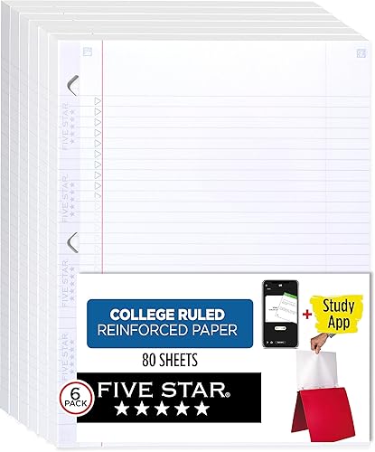 Five Star Papel de hoja suelta aplicación de estudio paquete de 6 3 agujeros perforados papel de relleno reforzado papel de rayas universitarias